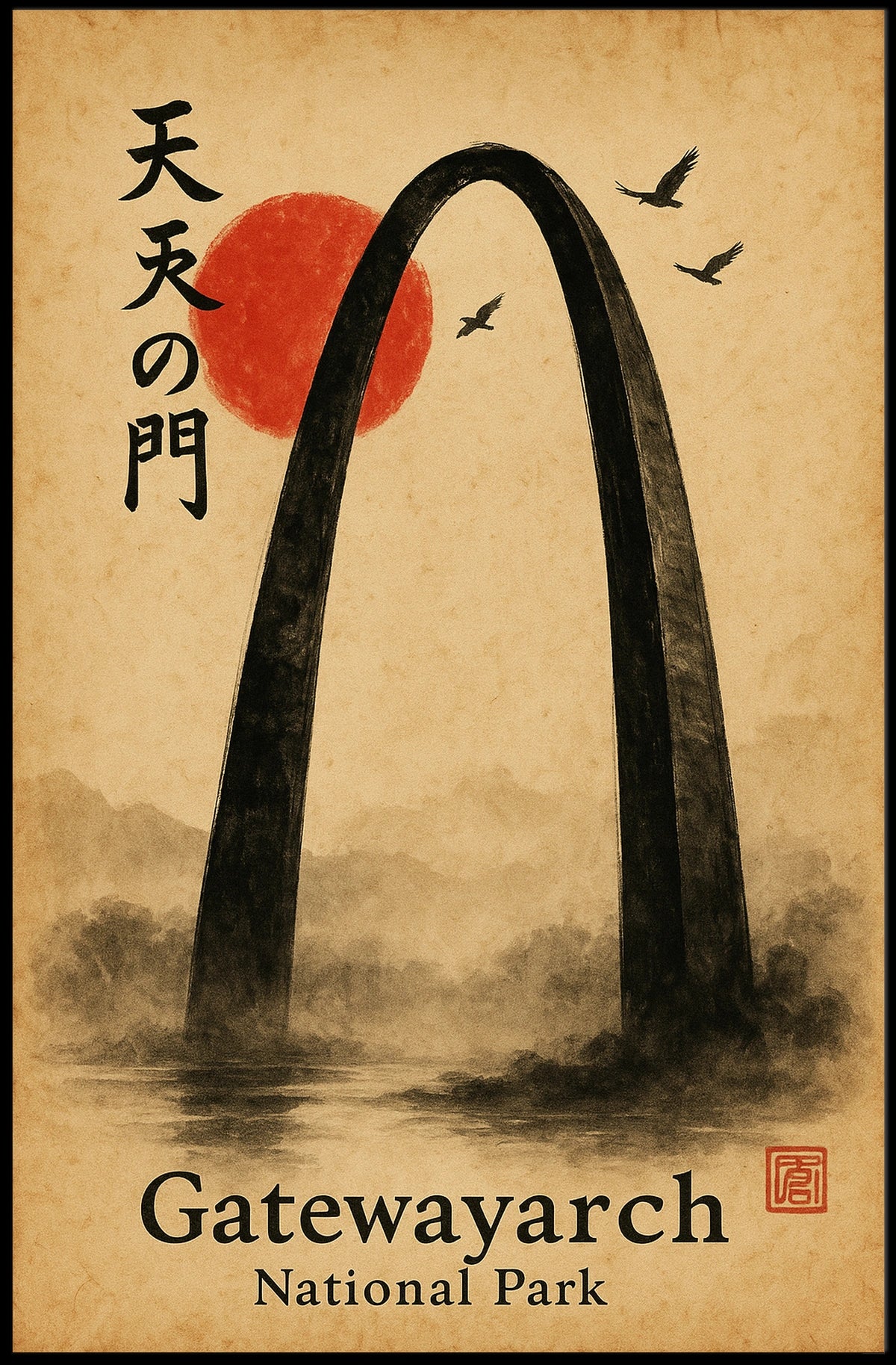 Gateway Arch National Park East Asian Art Ink Painting Poster