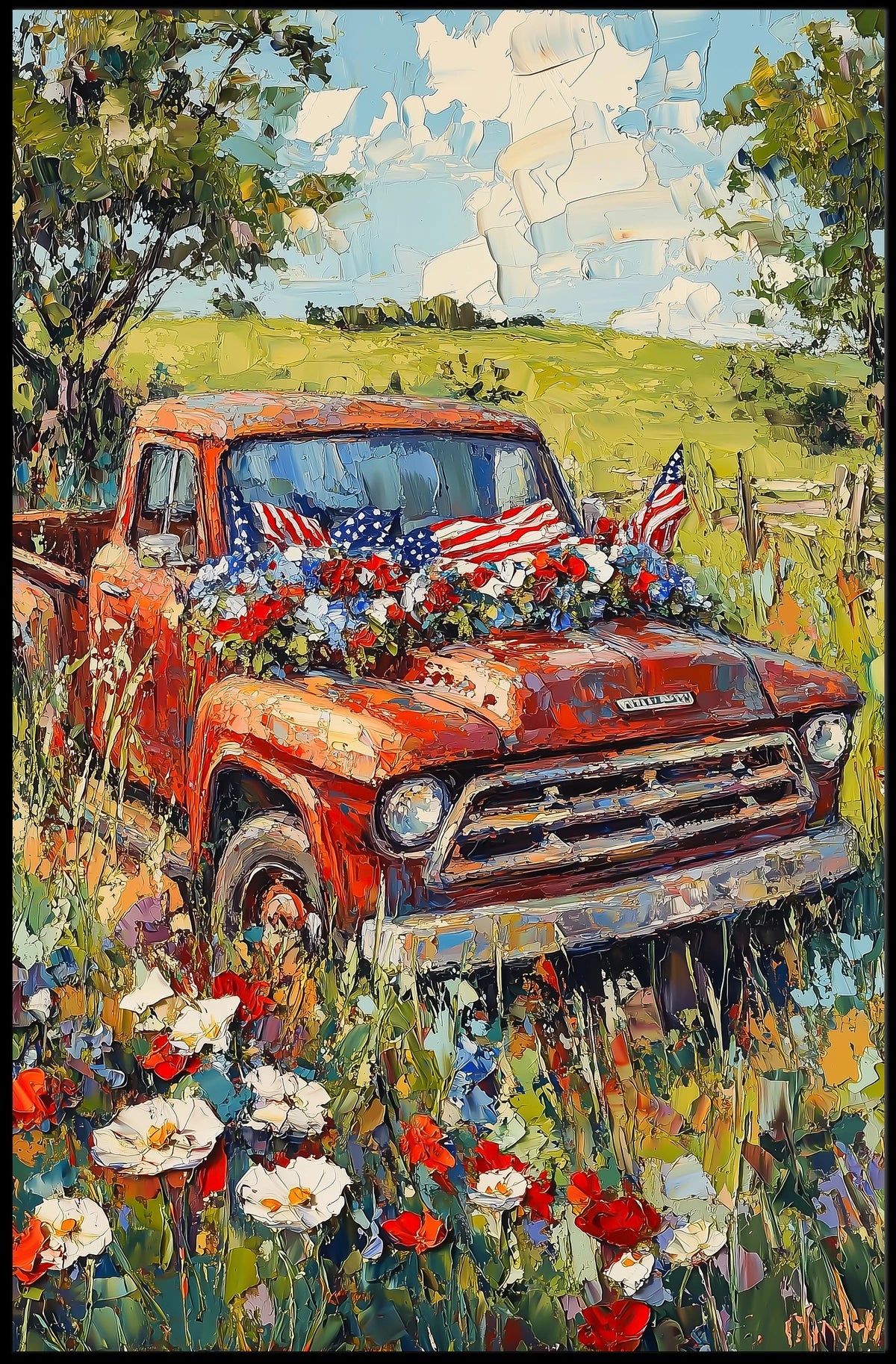 Vintage Red Pickup Truck Retro Car Decor Wall Art Poster