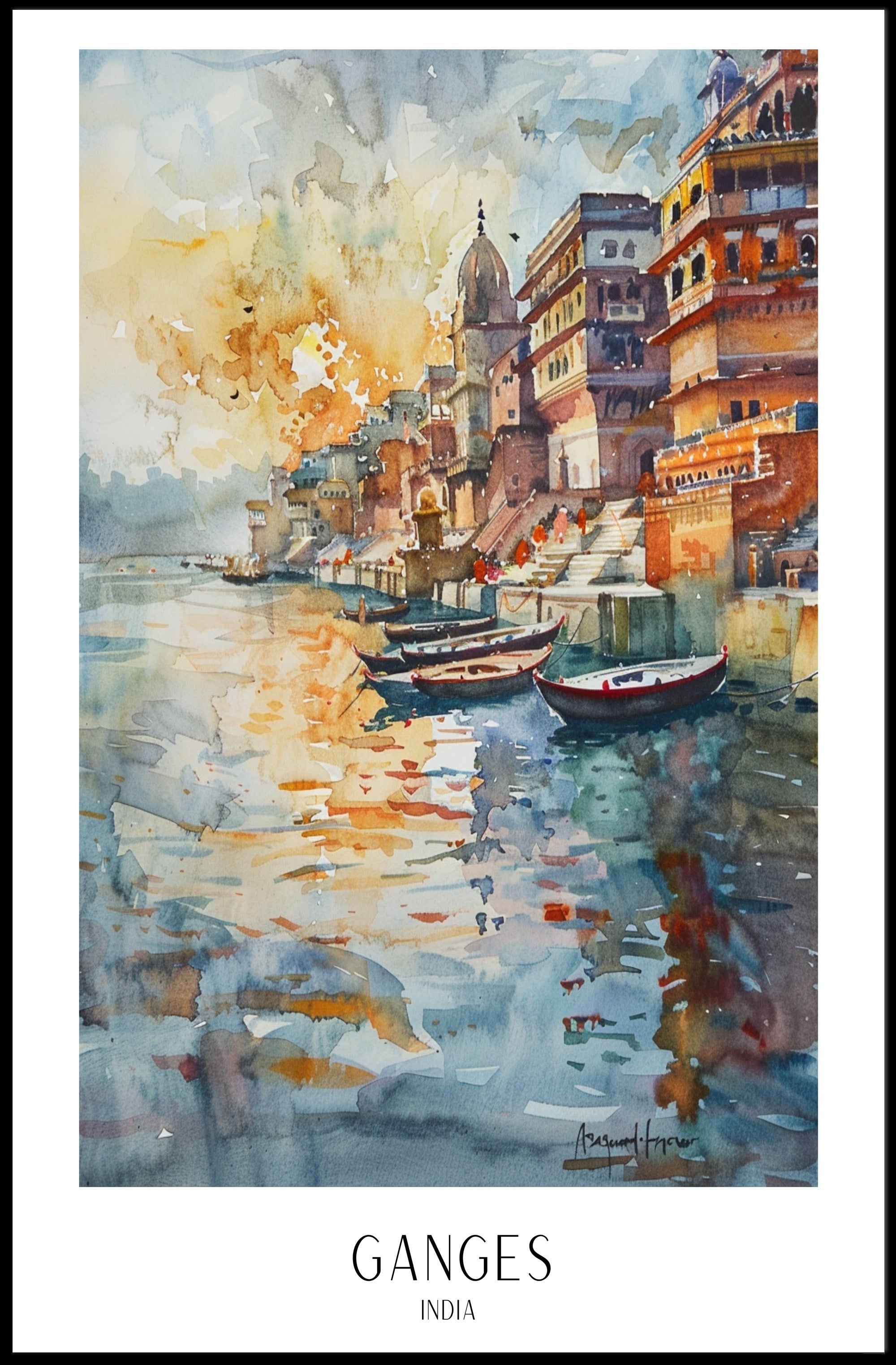 Serene Watercolor Ganges River Painting - Cultural or Heritage Poster PosterGoat