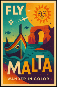 FLY MALTA Vibrant Retro Travel Adventure Poster PosterGoat