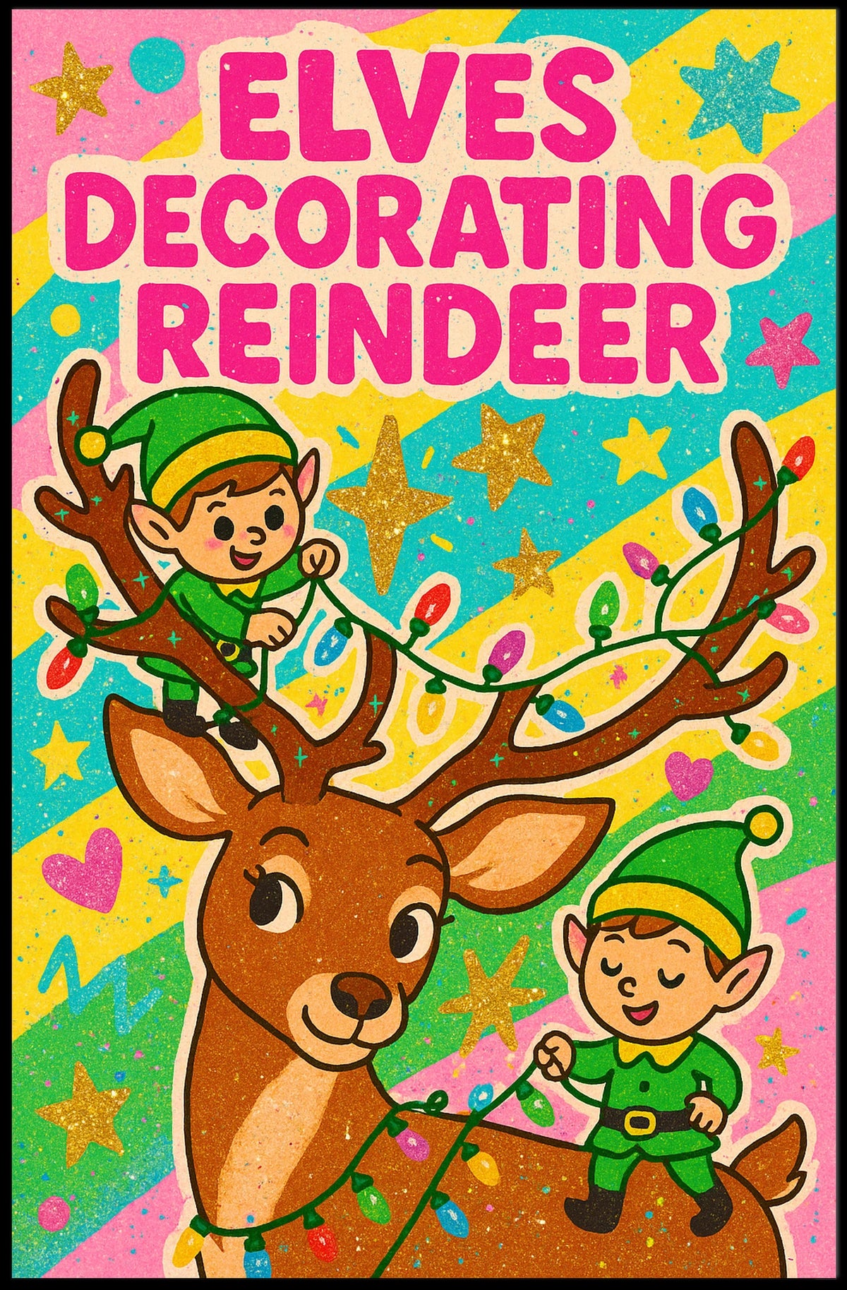Elves Decorating Reindeer Poster