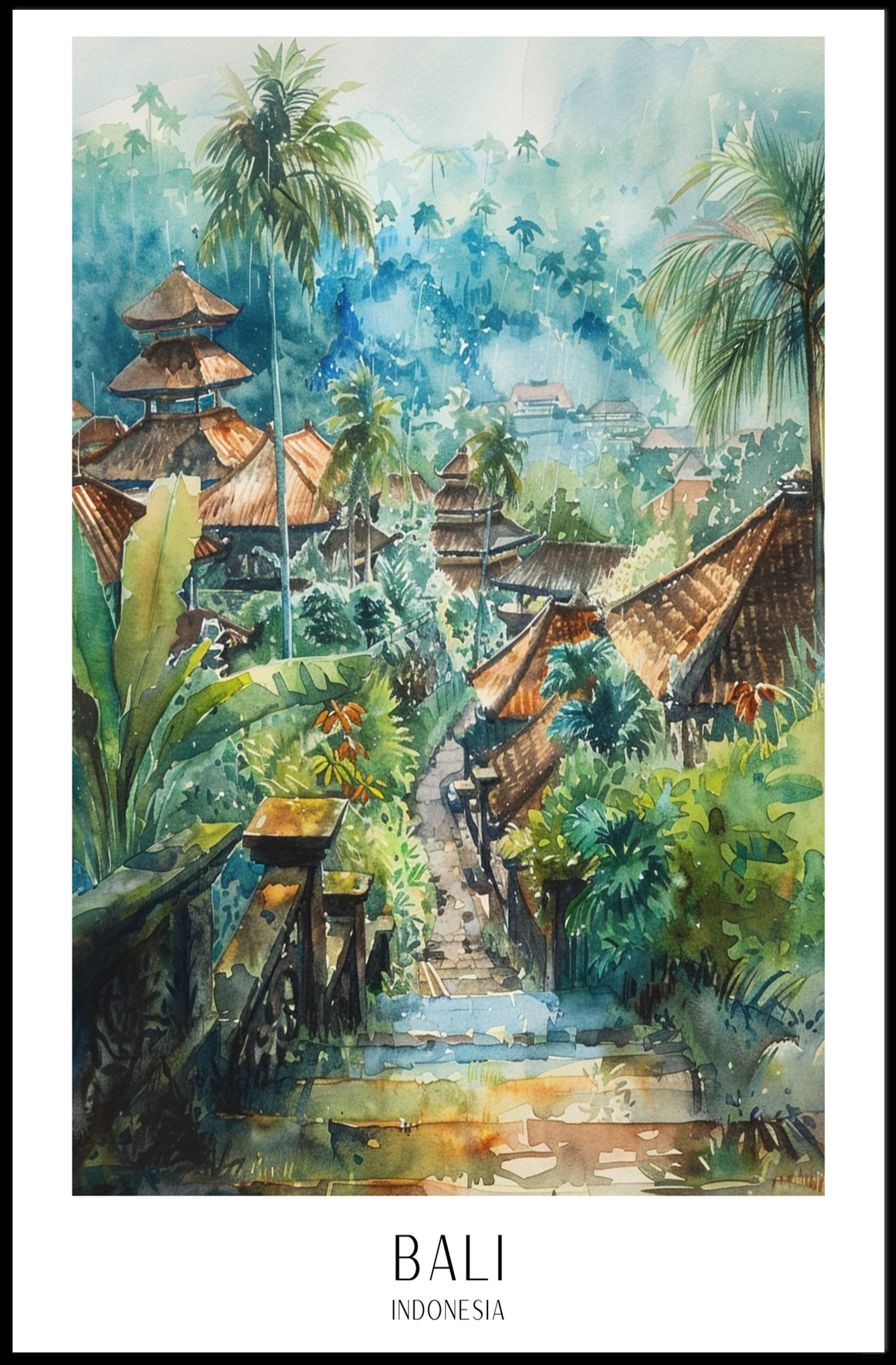 Bali Watercolor Travel Poster: Serene Tropical Landscape Art PosterGoat