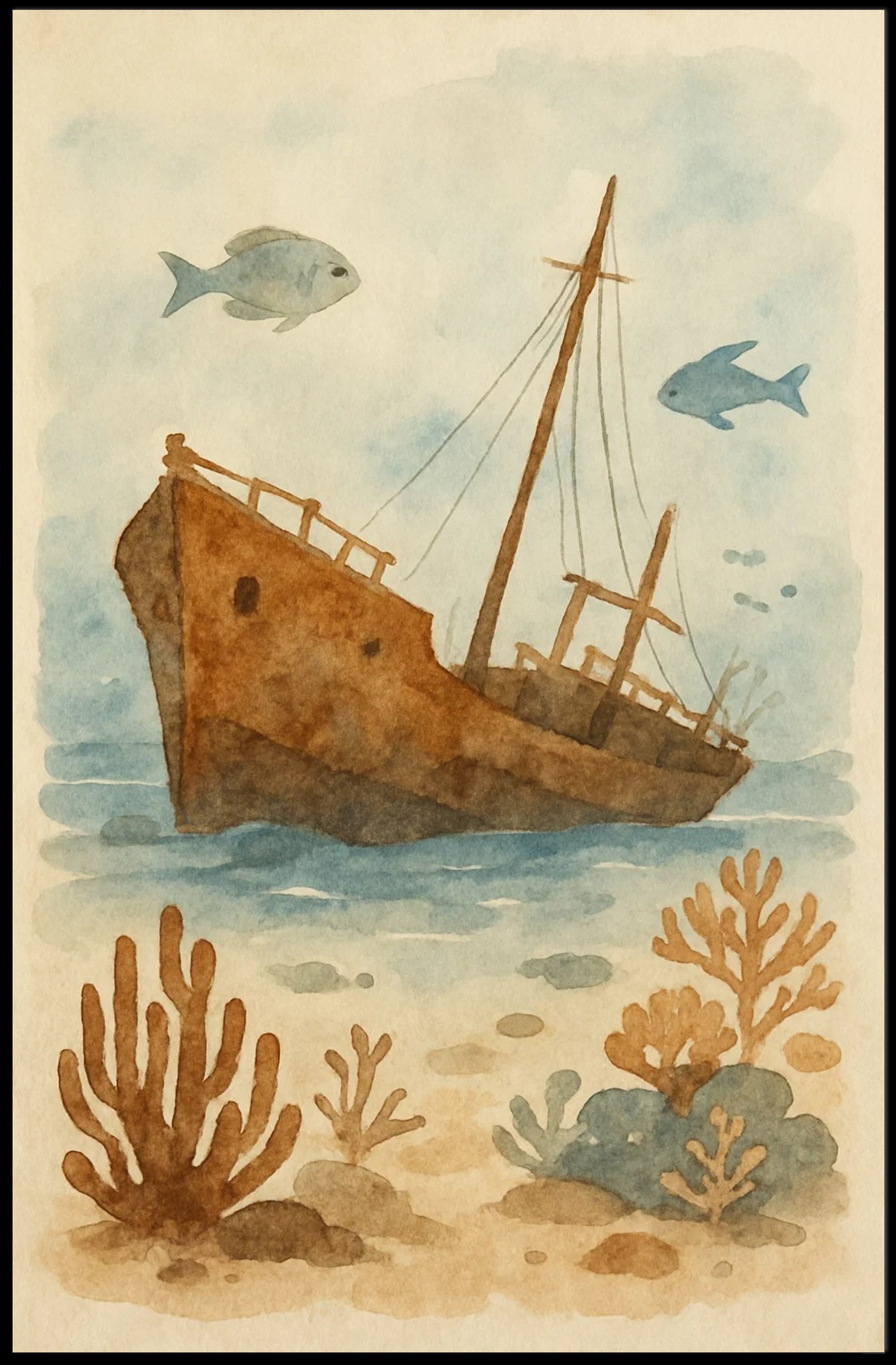 Sunken Ship Underwater Scene Artistic Poster
