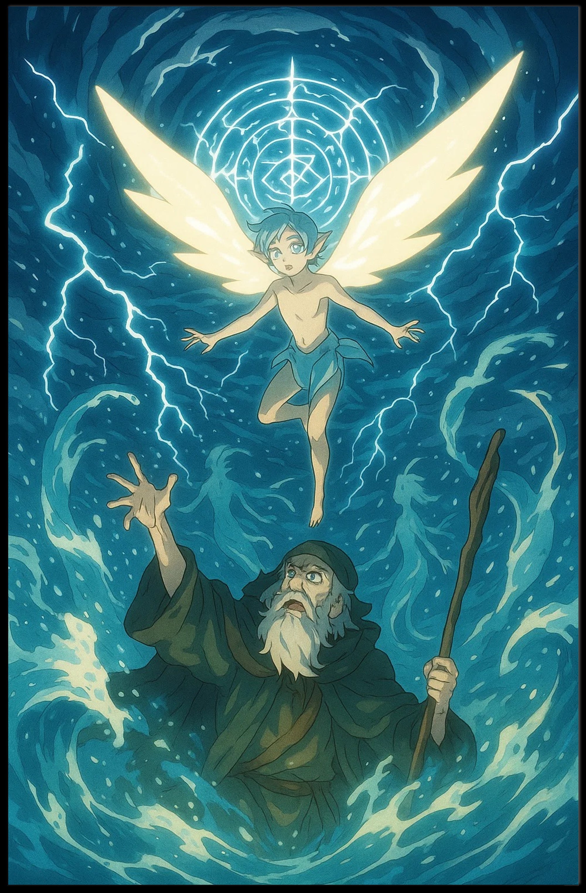 Winged Guardian in Ethereal Blue Fantasy or Mythology Poster