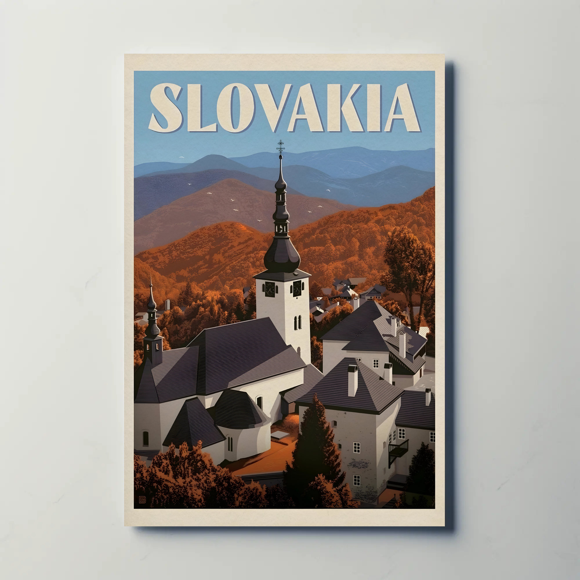 Charming Slovakia Village Scenery in Vintage Travel Poster