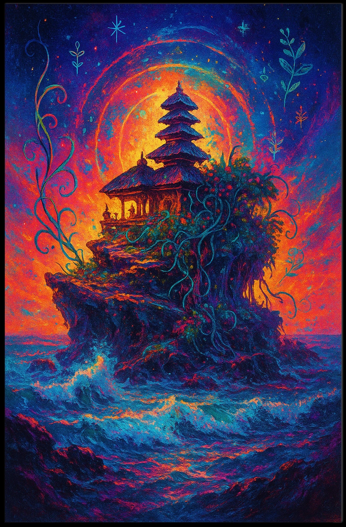 Mystical Temple on Cosmic Island Fantasy Poster