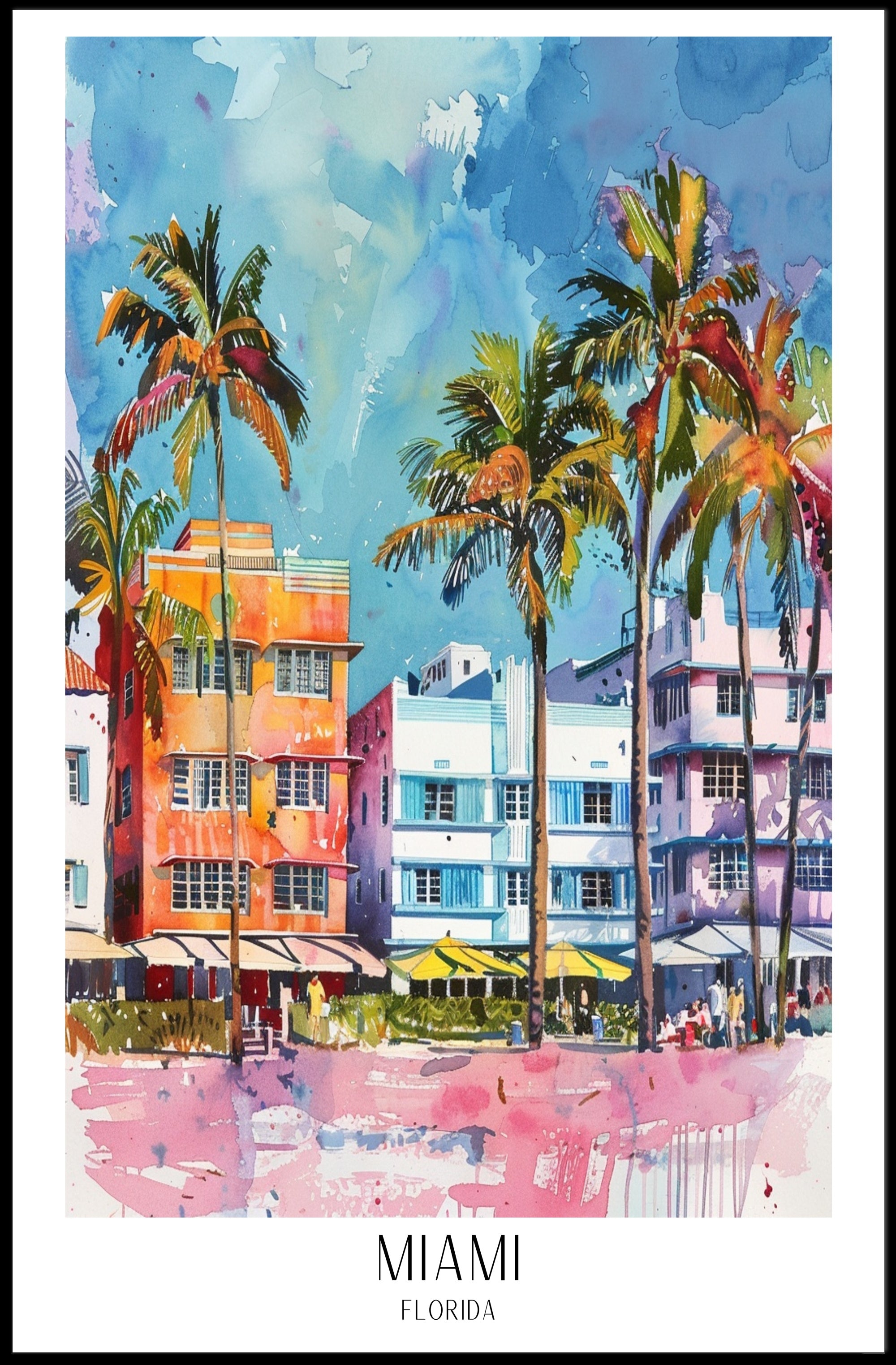 Miami Art Deco Street Scene Vibrant Travel Poster