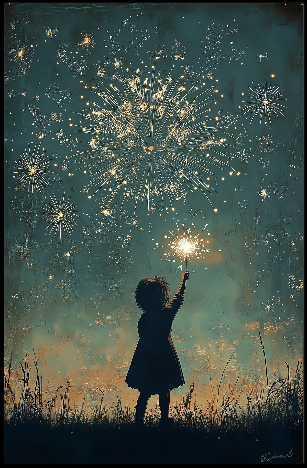 Child Holding Sparkler Night Sky Fireworks Art Poster