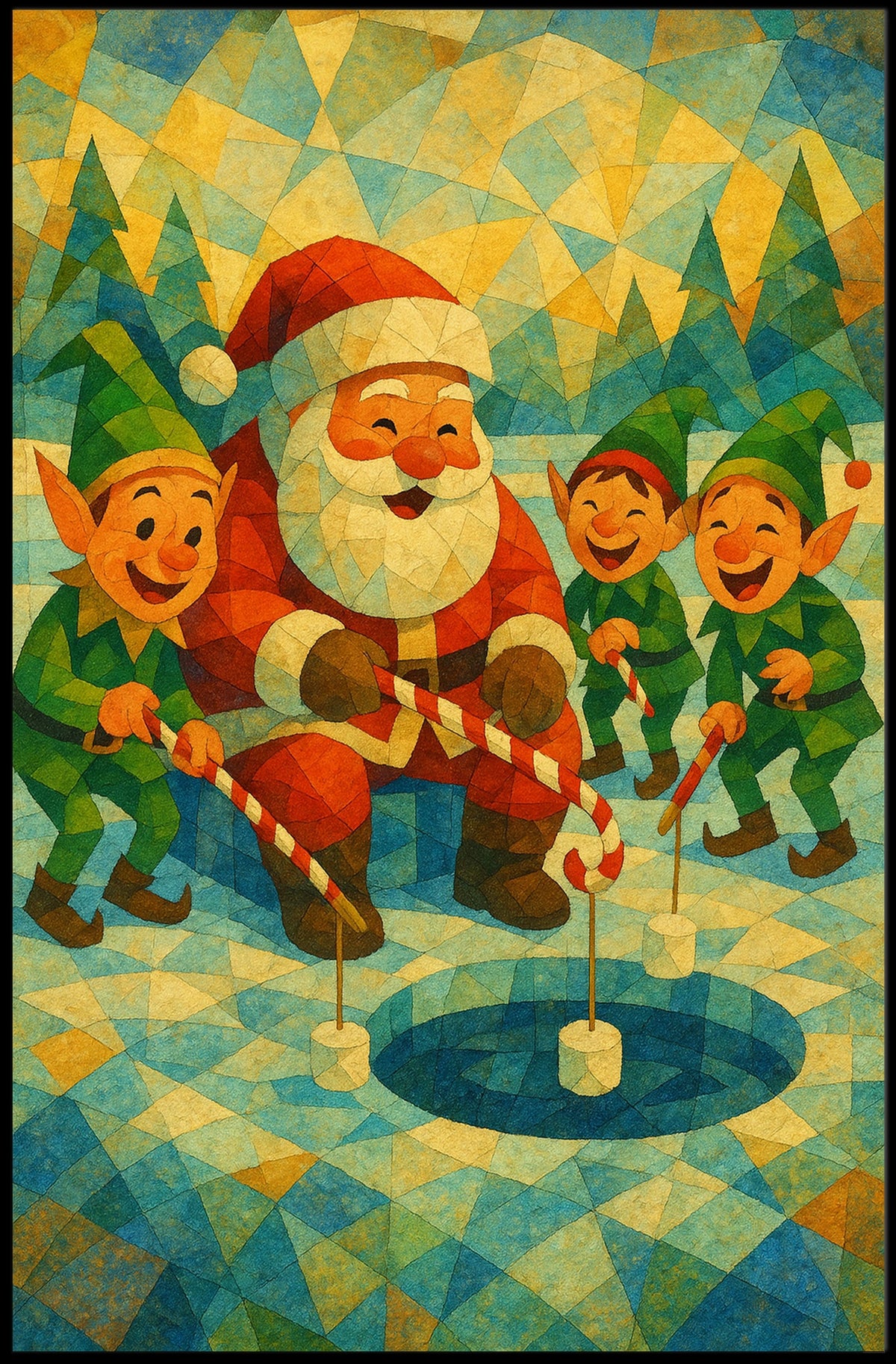 Whimsical Christmas Poster: Santa and Elves Ice Fishing