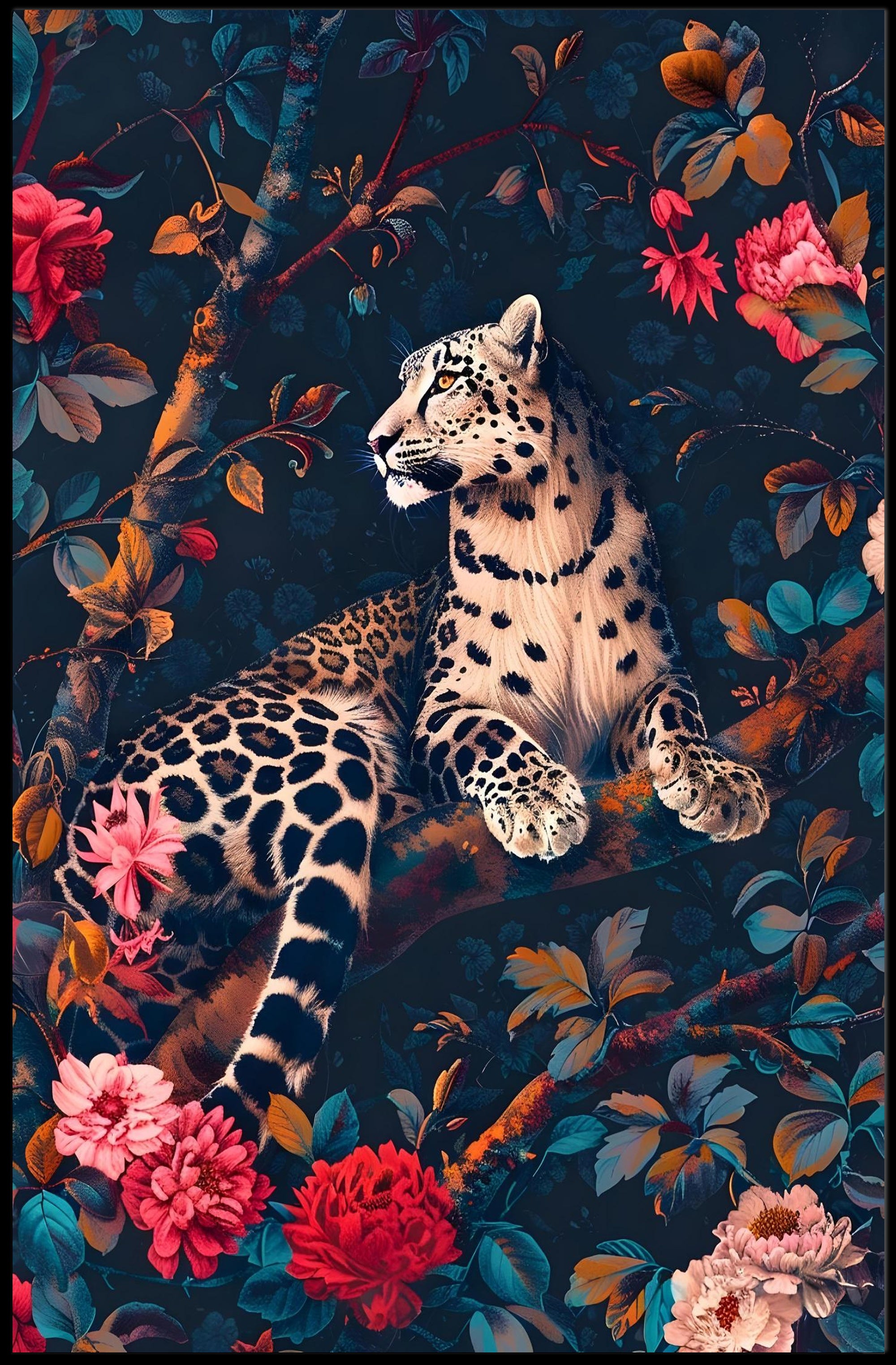 Majestic Snow Leopard with Lush Flora Animal Poster