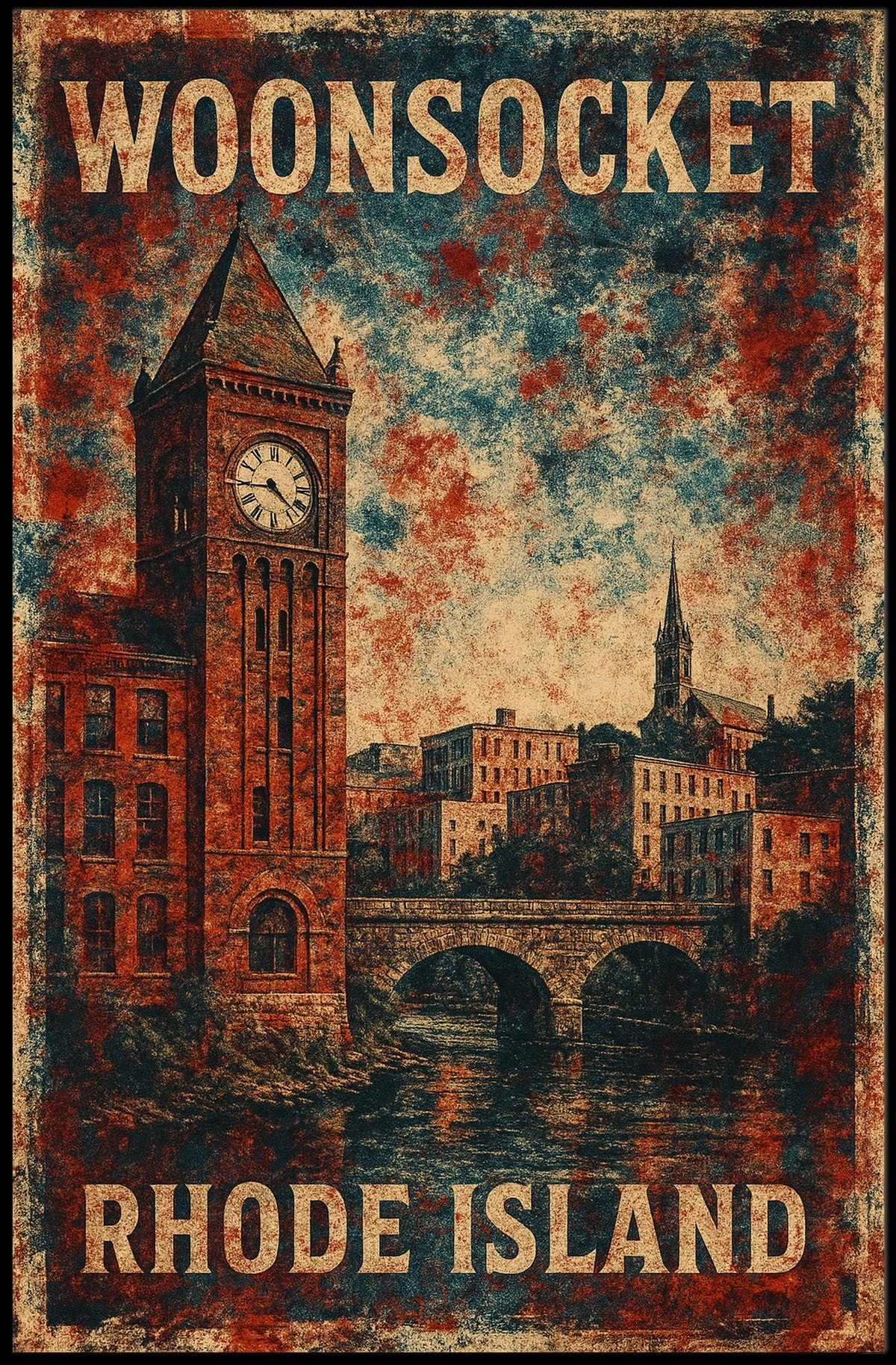 Woonsocket Rhode Island Watercolor Heritage Poster