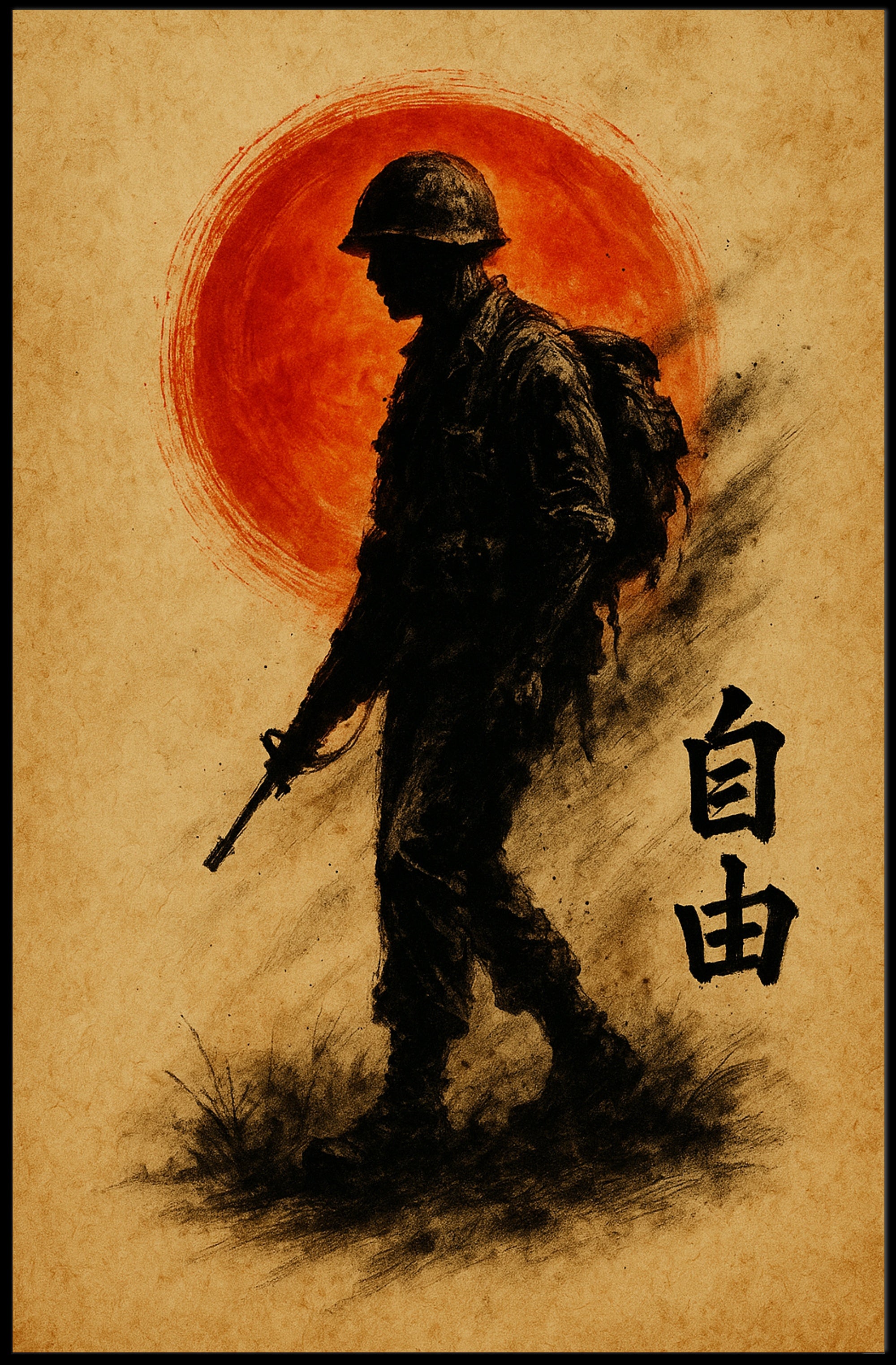 Silhouette Soldier with Crimson Sun WWII Poster