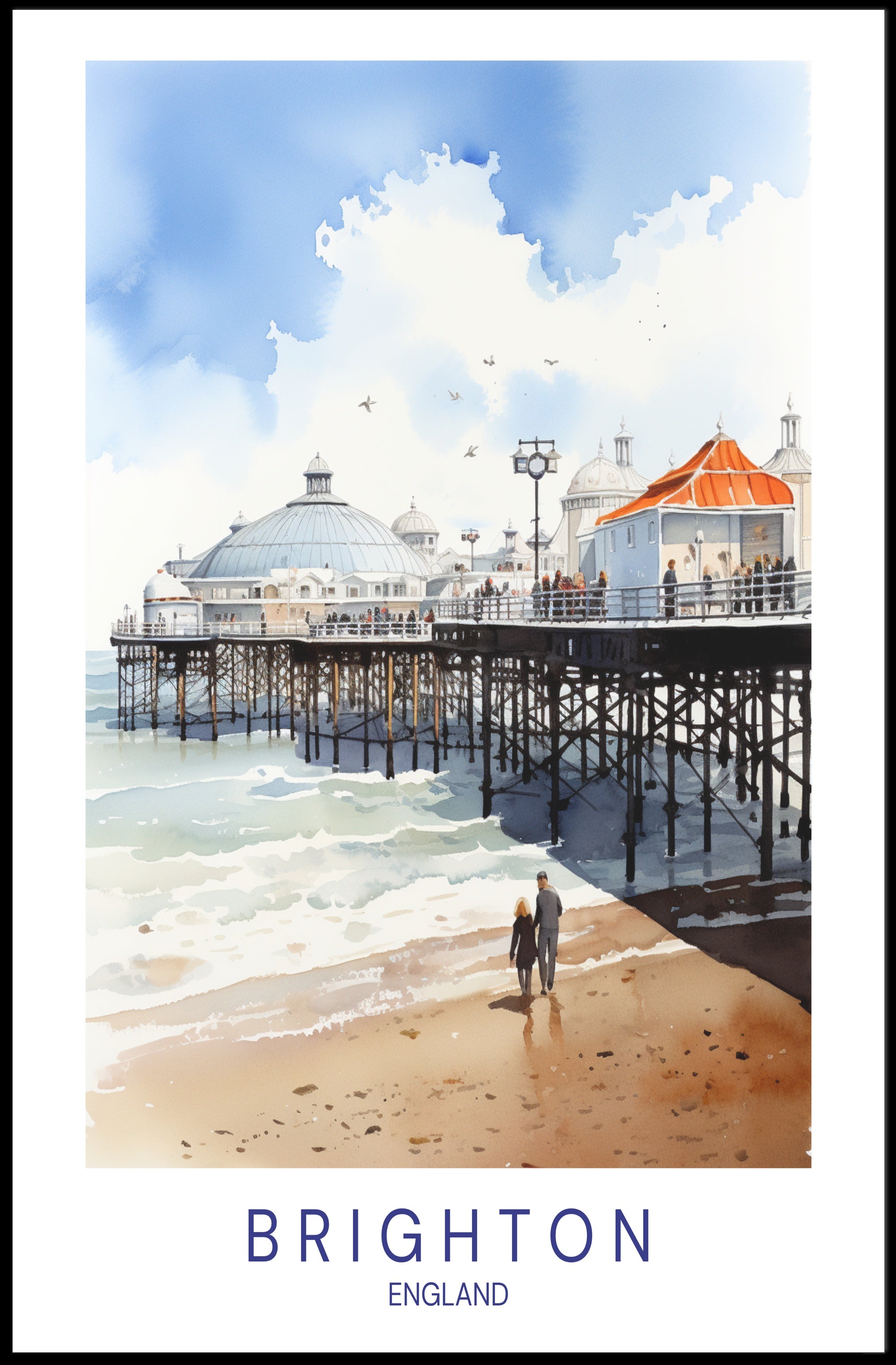 Brighton seaside watercolor travel poster - serene, nostalgic charm PosterGoat