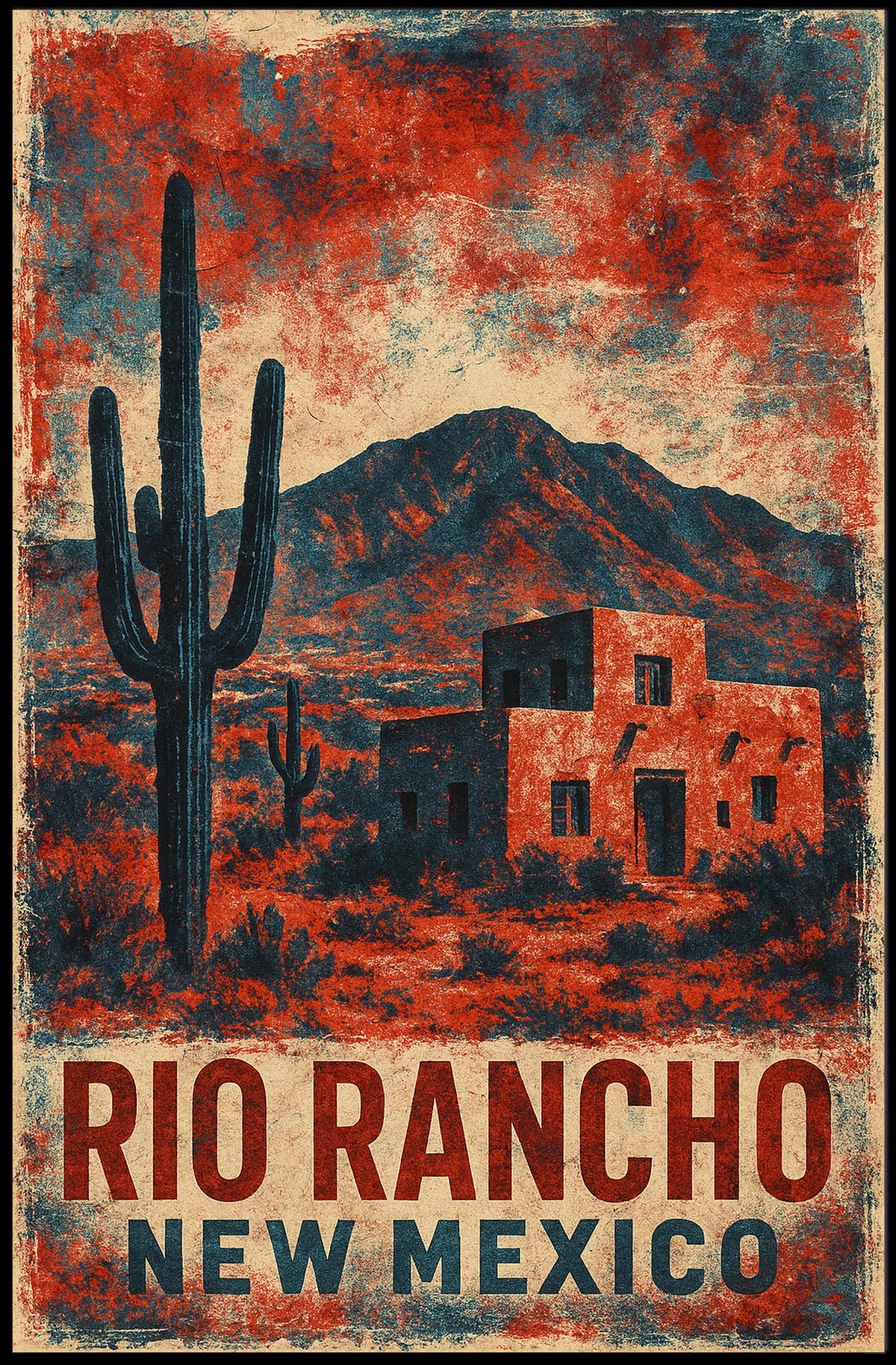 Desert Landscape New Mexico Vintage Travel Aesthetic Rustic Sunlit Dunes Nostalgia Retro 80s Folk Art Poster