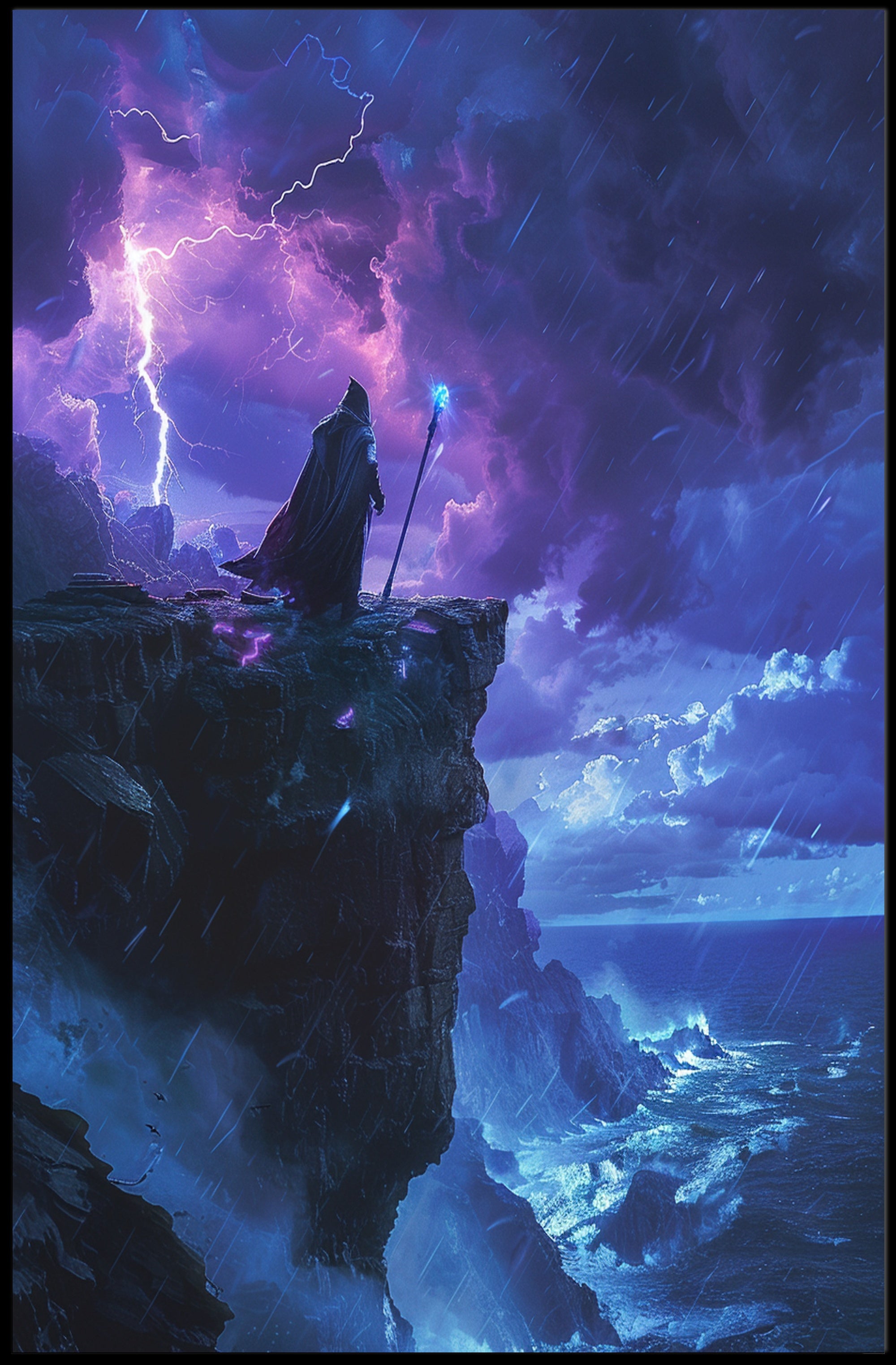 Mystical Storm Wizard on Cliff Fantasy or Mythology Poster PosterGoat