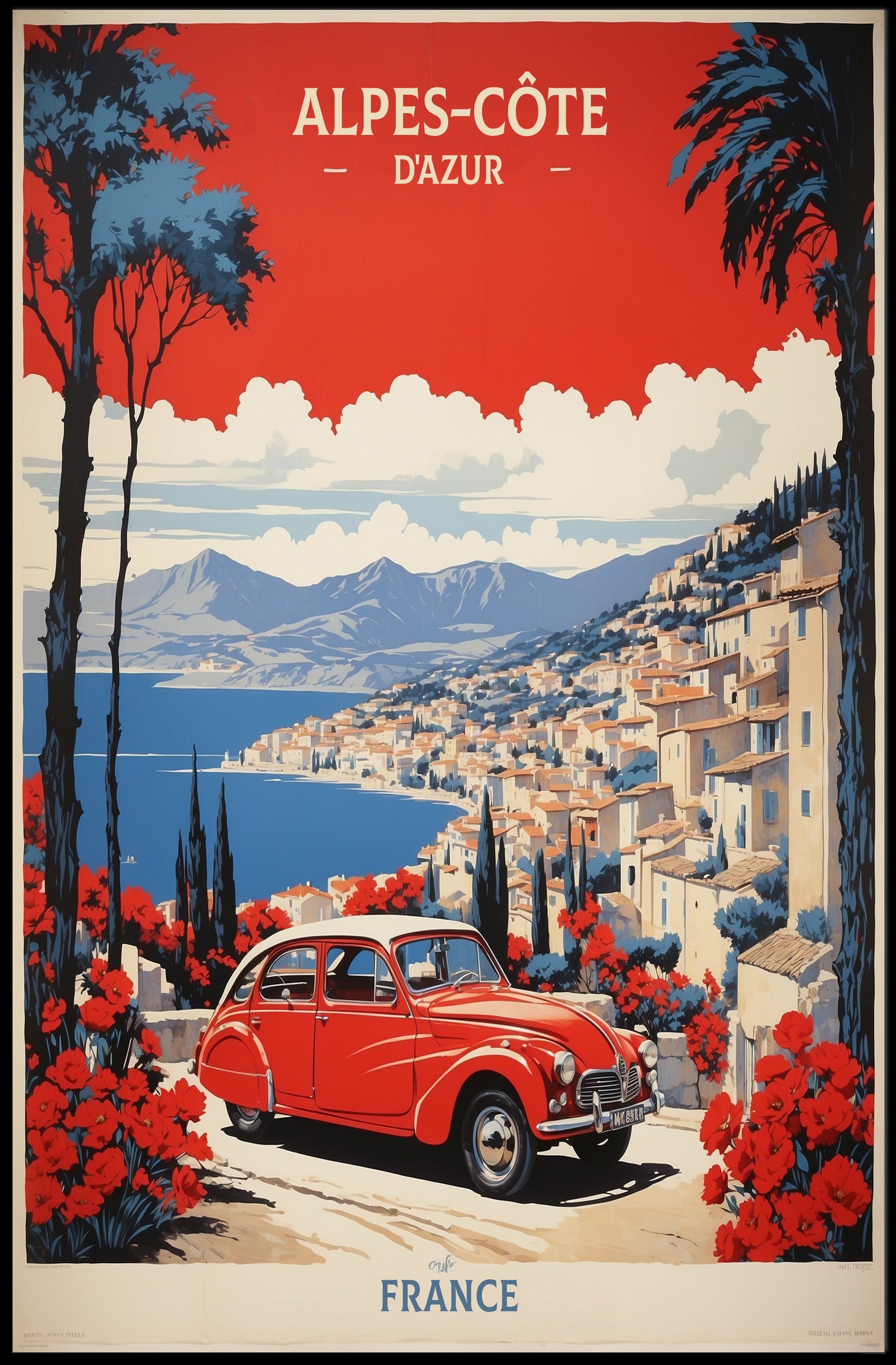 Vibrant Mediterranean Road Trip Vintage Travel Poster