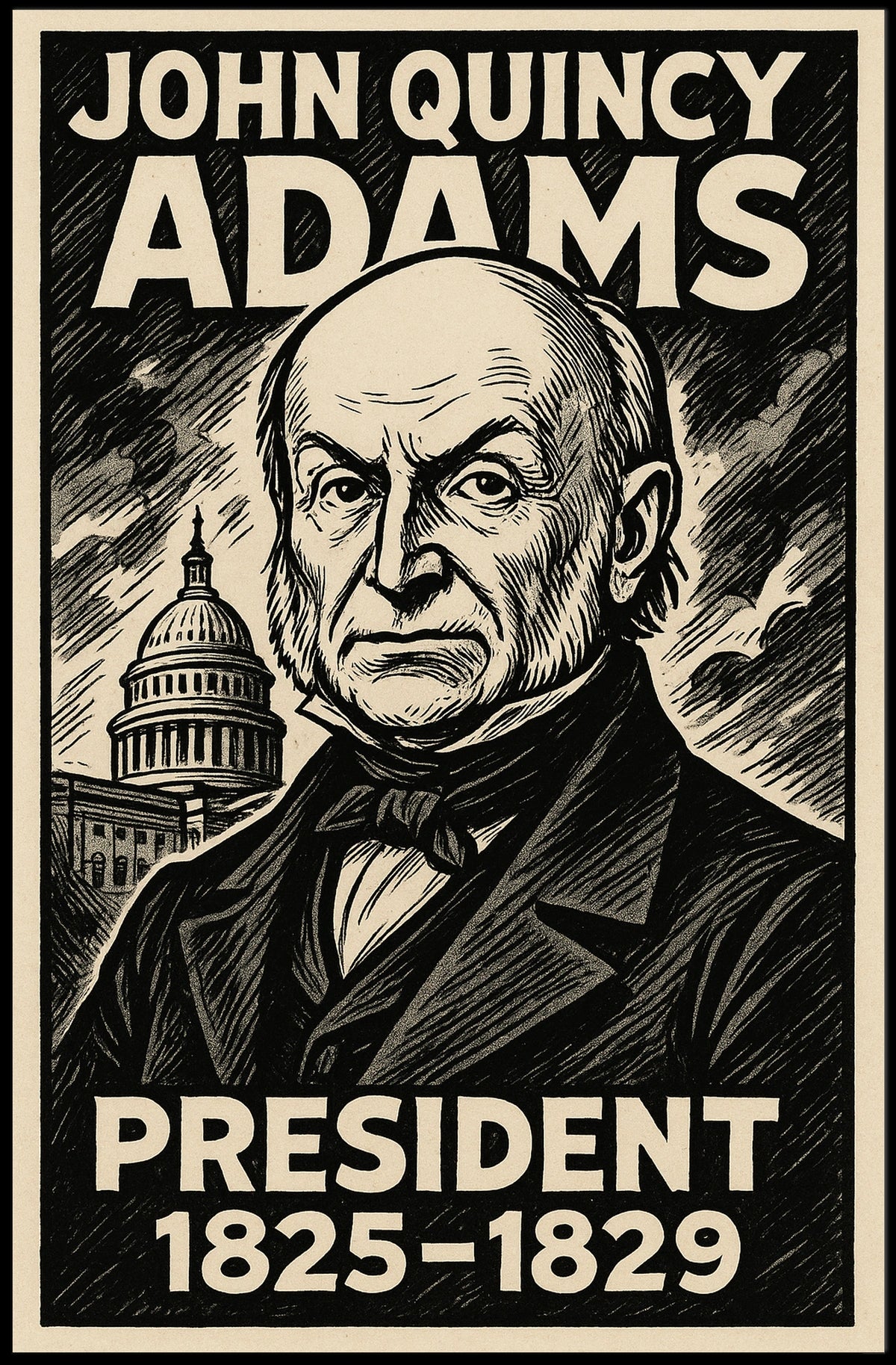 John Quincy Adams 6th President of the United States B & W Comic Sketch Poster