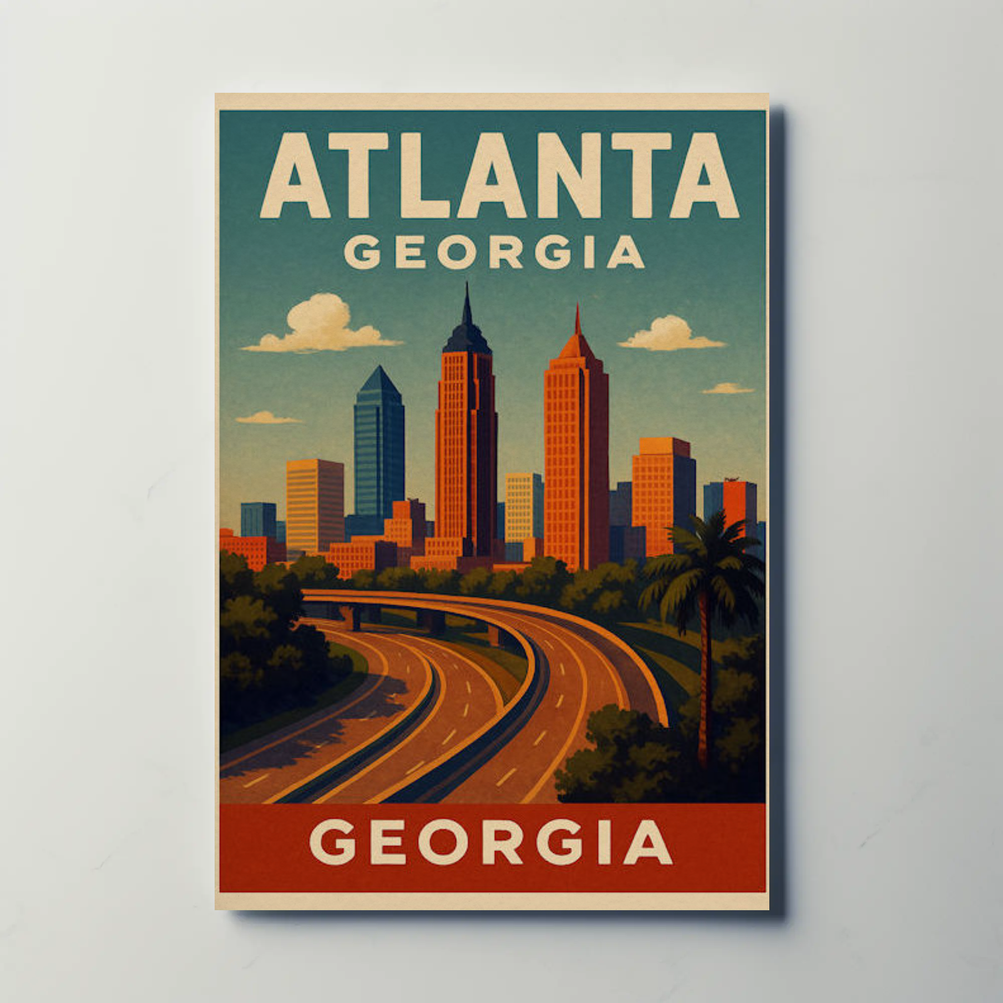 Atlanta Georgia Retro Skyline Highway View Travel Poster