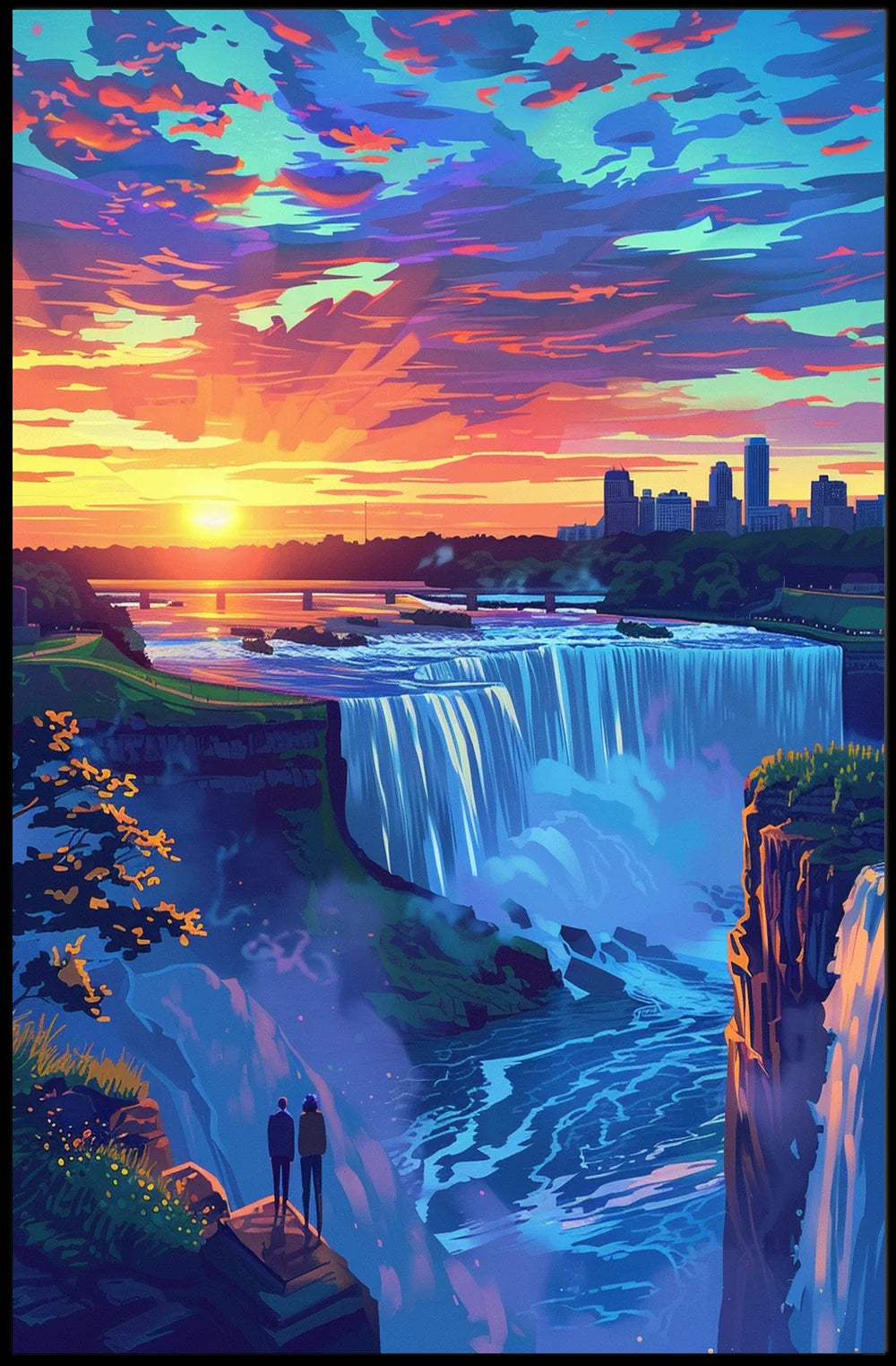 Majestic Waterfall Sunset with City Skyline Poster