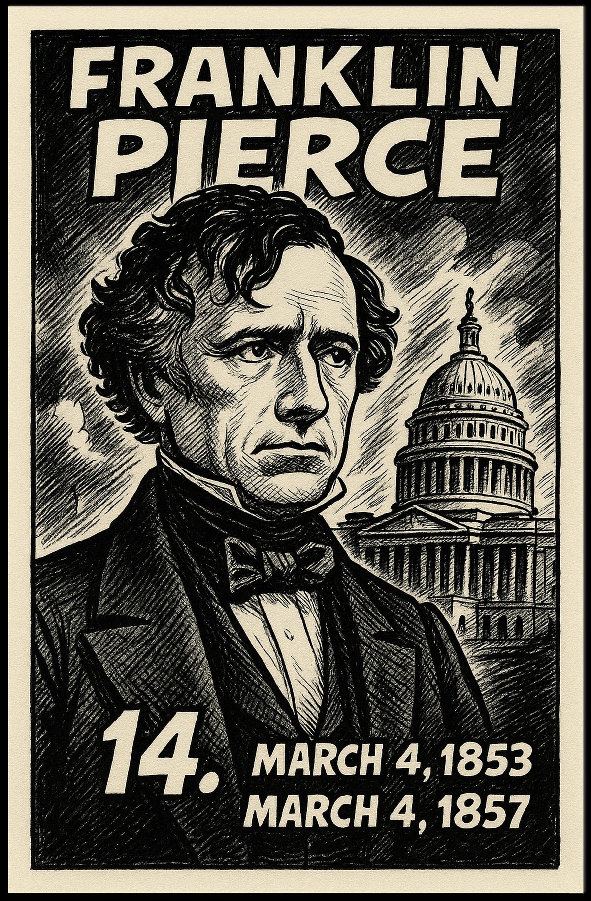 Franklin Pierce 14th President of the United States B & W Comic Sketch Poster