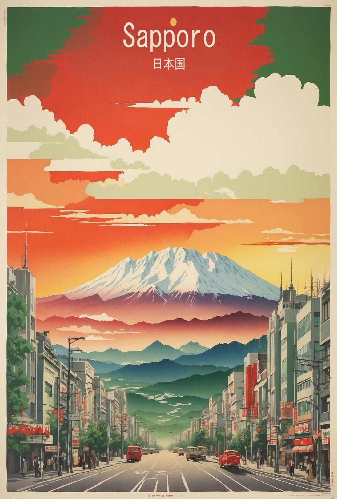 Sapporo Cityscape Japan Vintage Travel Poster