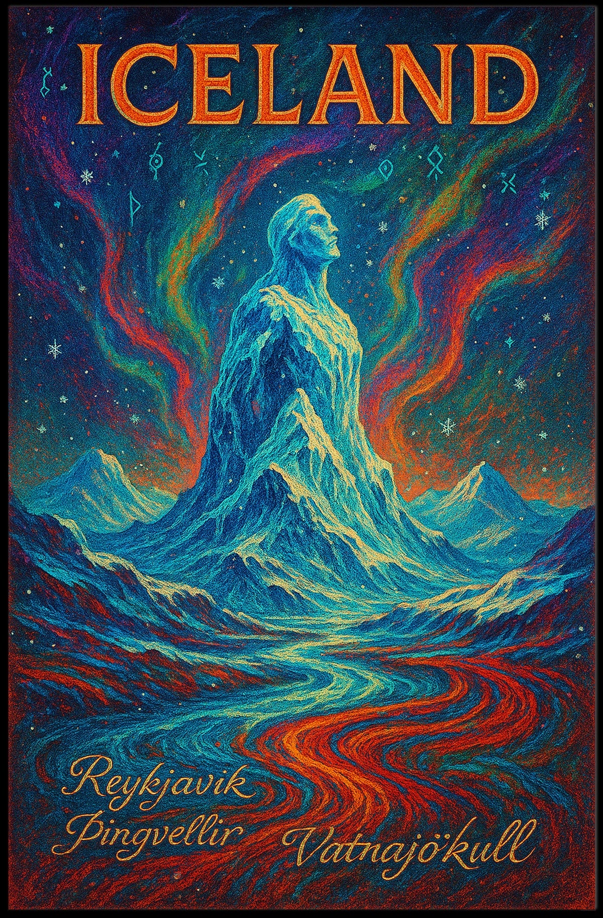 Icelandic Mythical Landscape Poster with Aurora Borealis