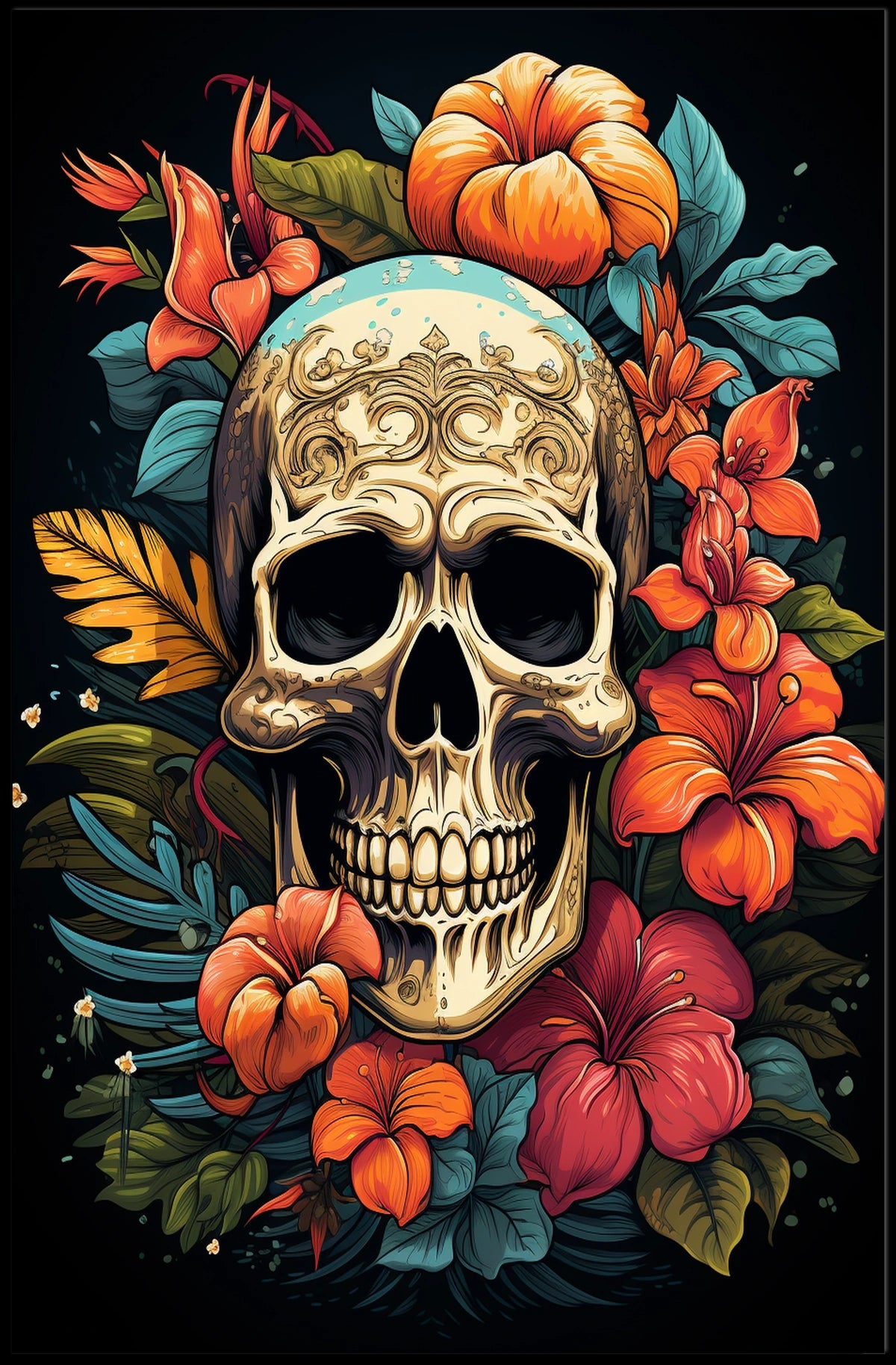 Skull and Floral Composition: Abstract or Artistic Poster