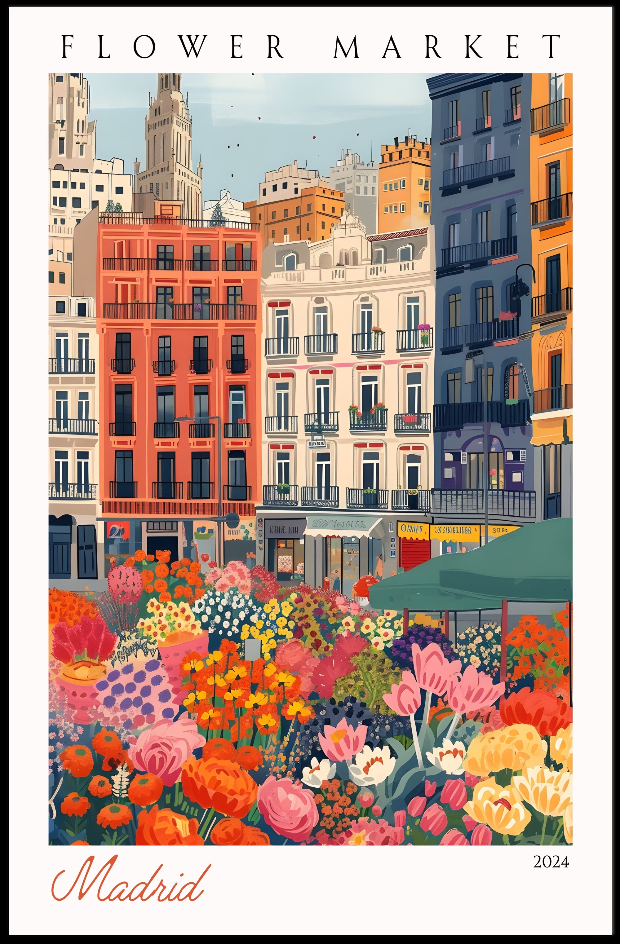 Vibrant Flower Market in Madrid Poster PosterGoat