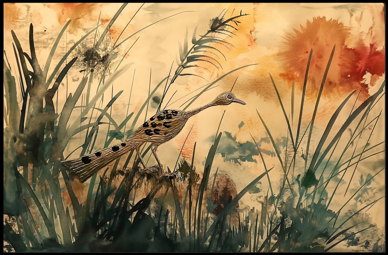 Roadrunner in Serene Watercolor Landscape Poster