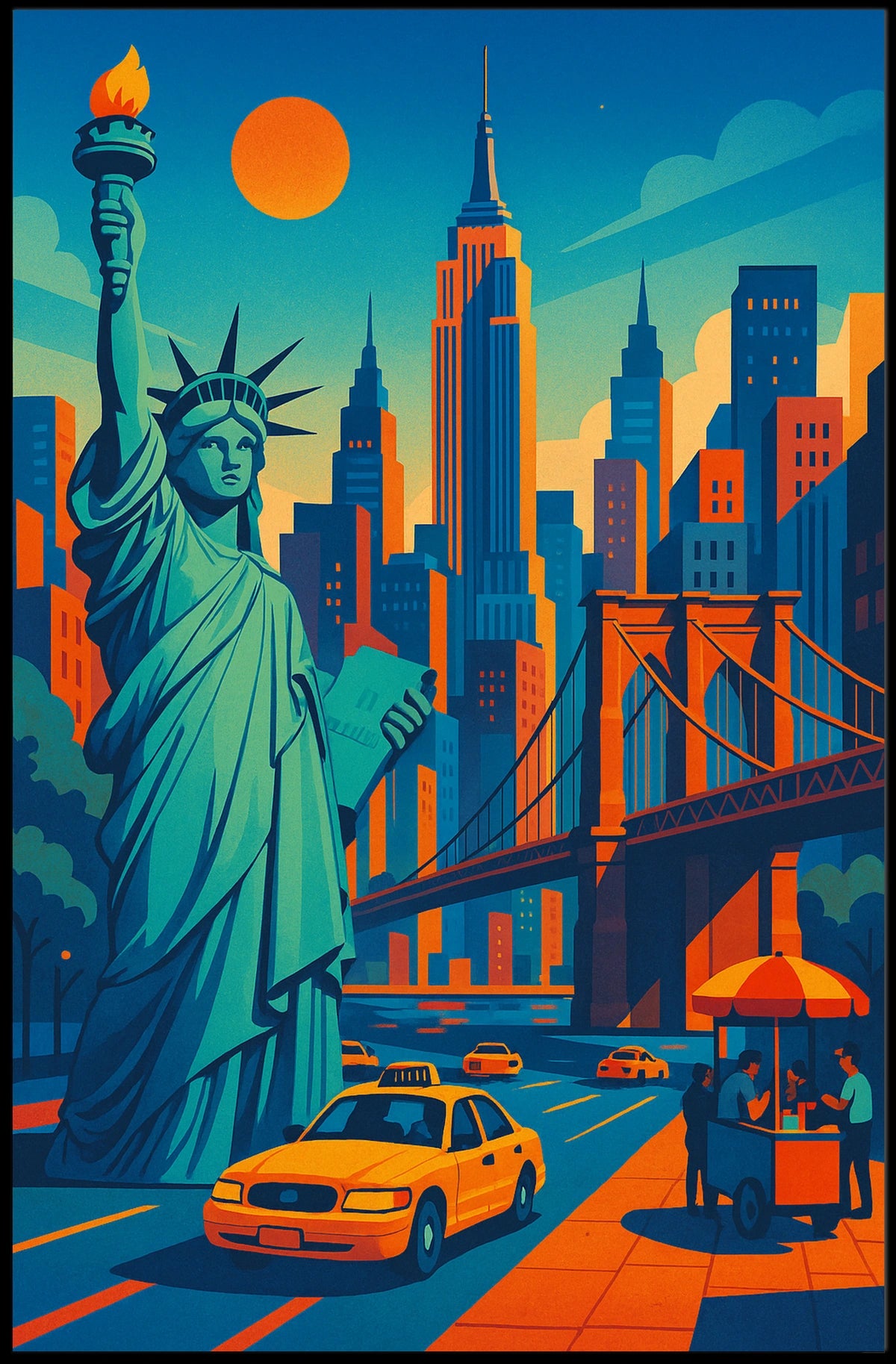 New York City Skyline Poster Retro Vibrant Wall Art