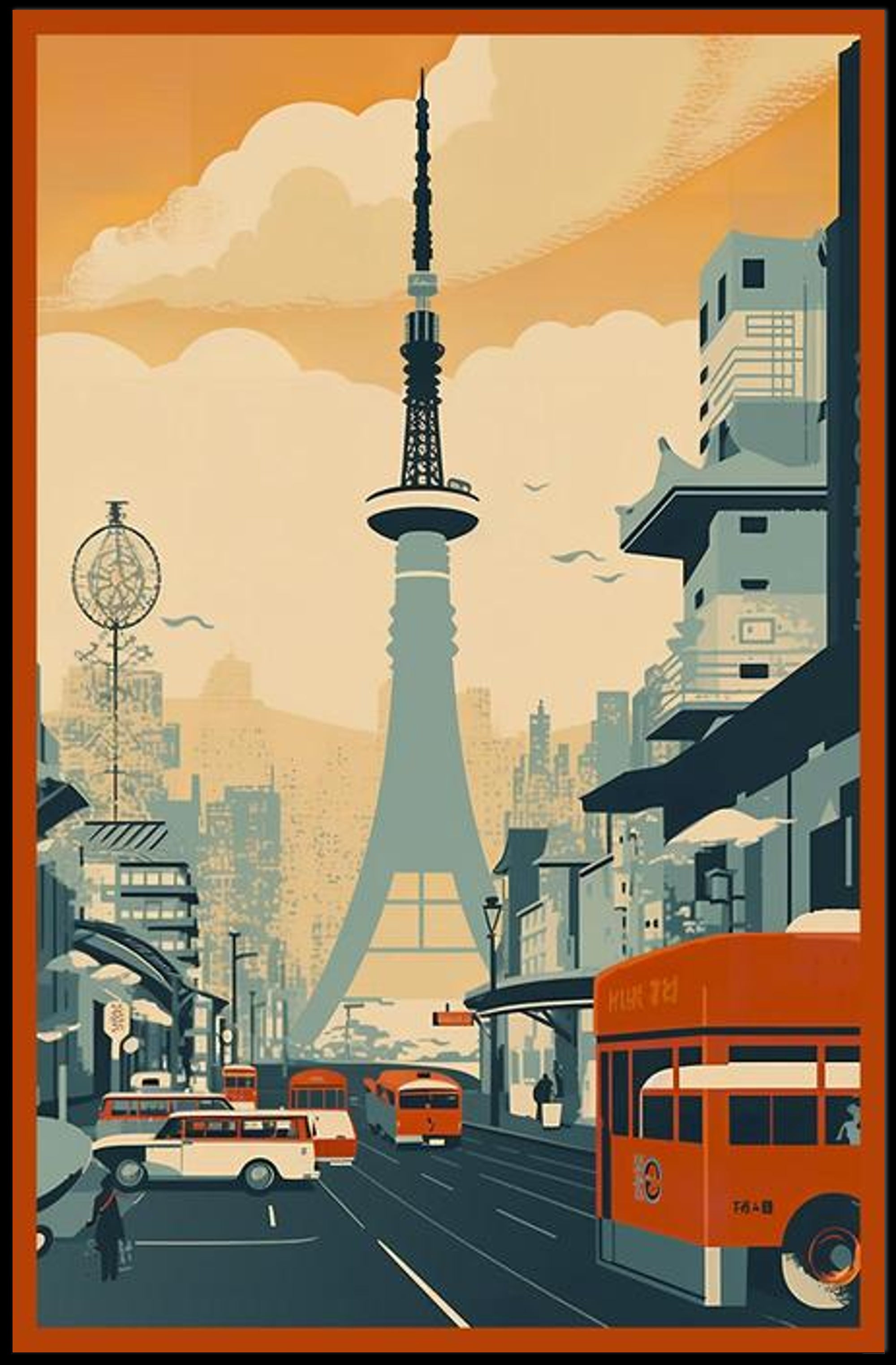 Retro Urban Cityscape at Sunset Poster