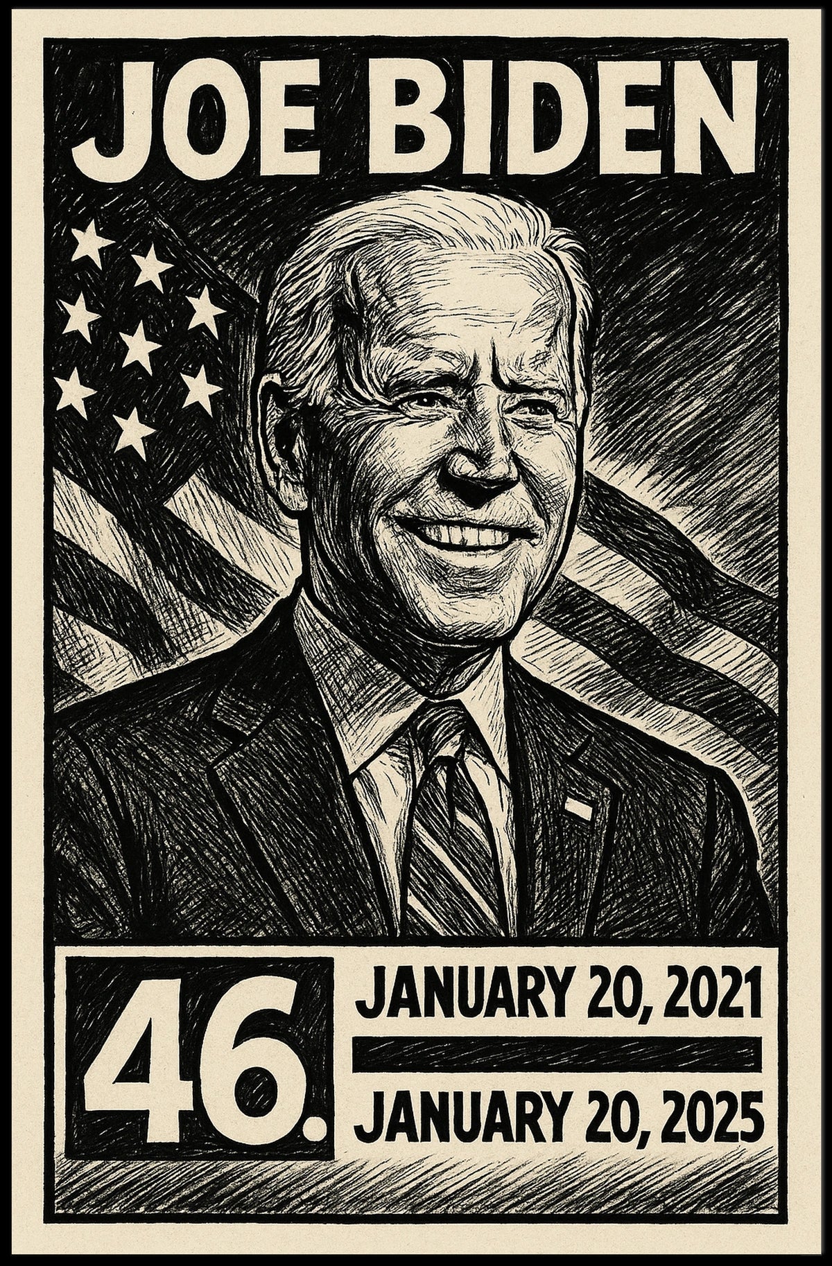 Joe Biden 46th President of the United States B & W Comic Sketch Poster