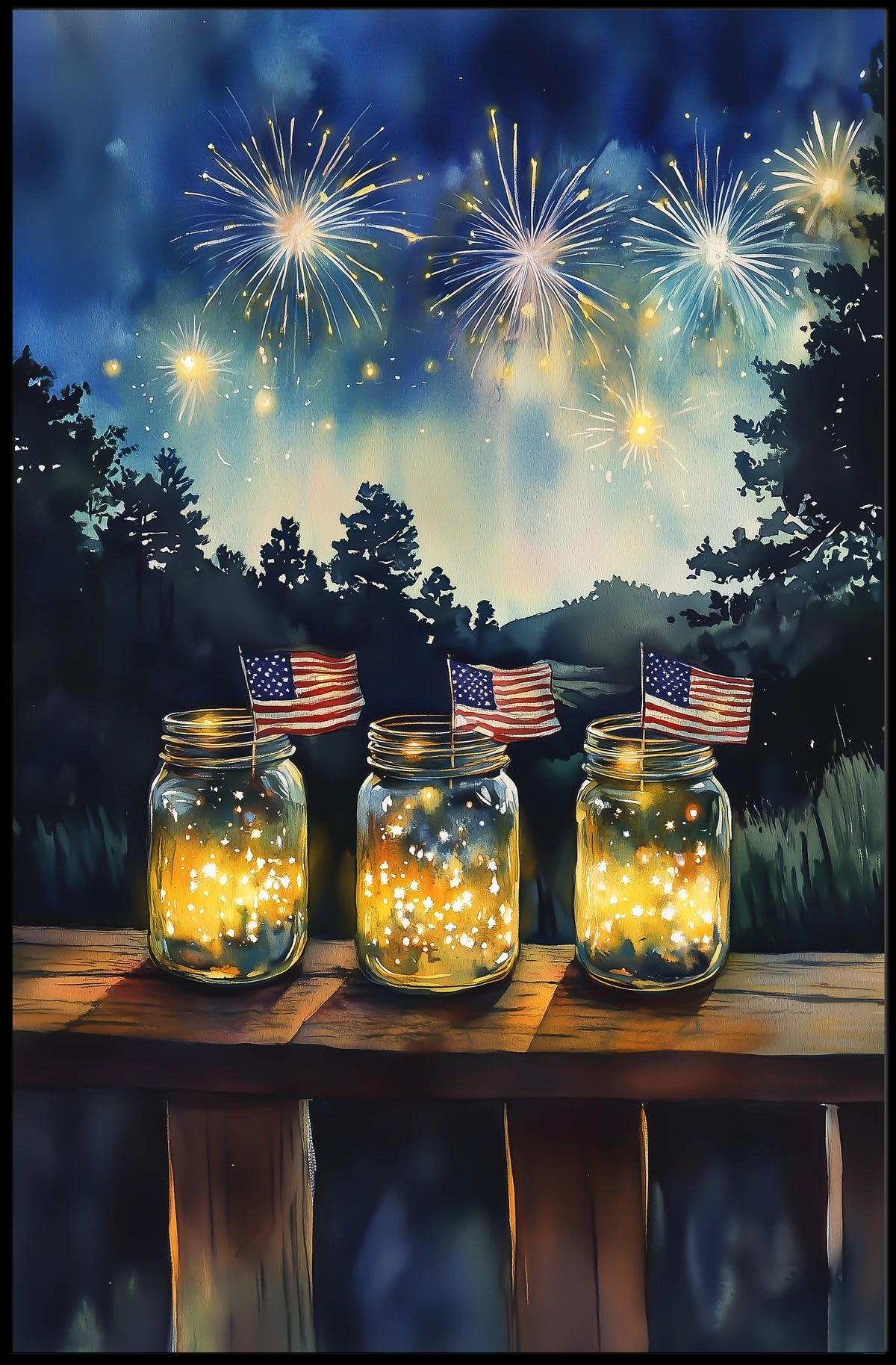 Three Mason Jars Glowing With Fireflies Rustic Poster