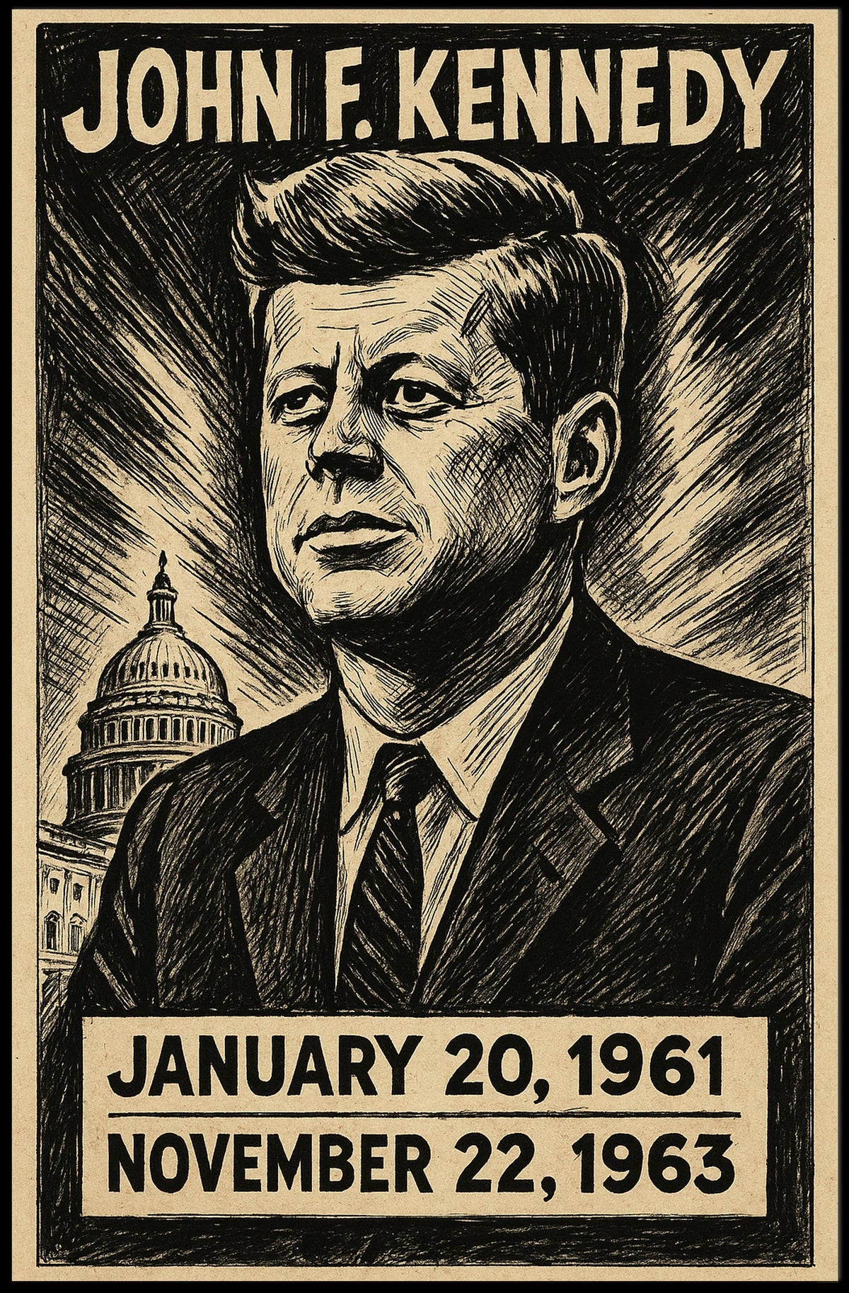 John F. Kennedy 35th President of the United States B & W Comic Sketch Poster