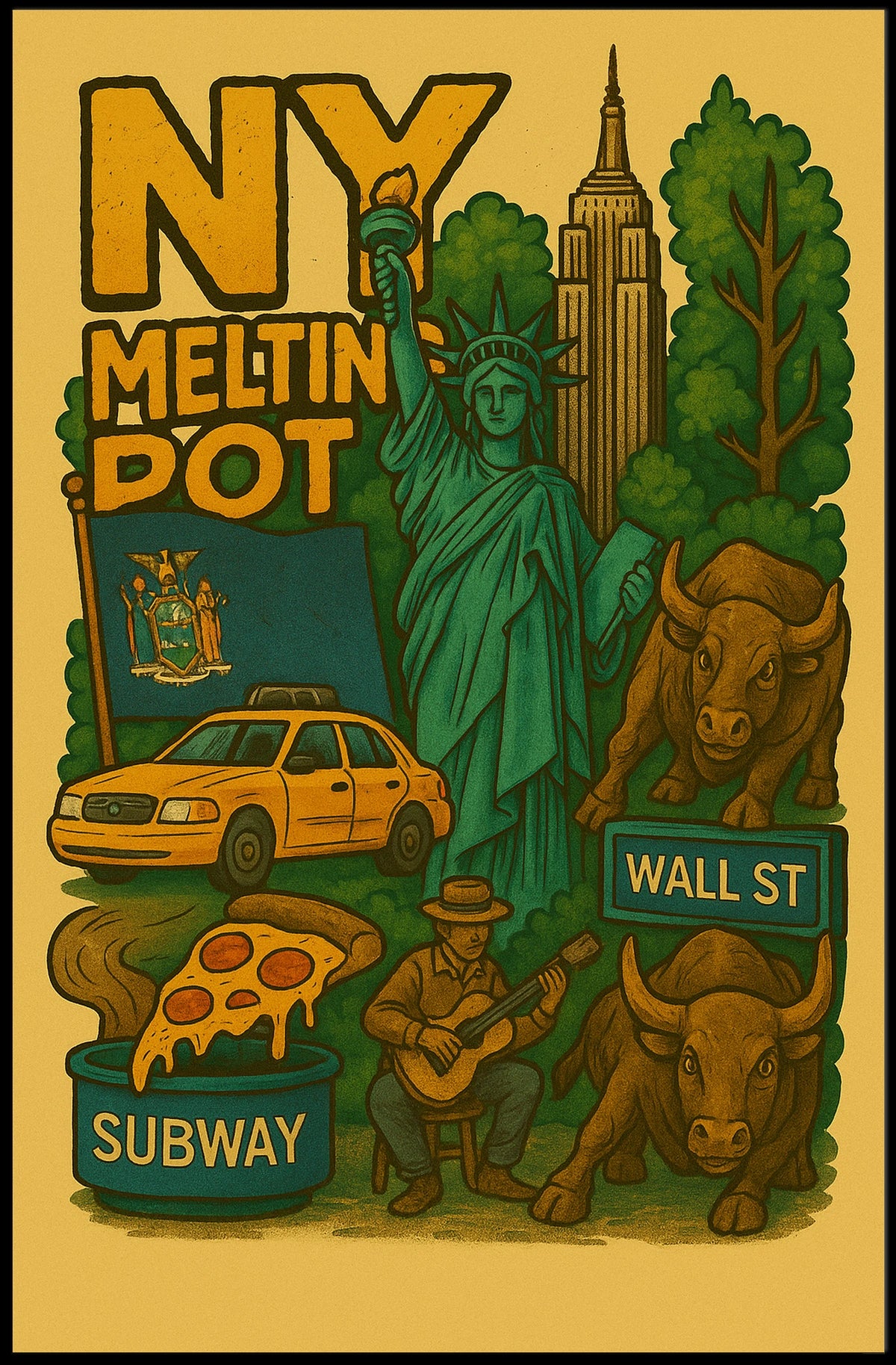 New York City Highlights Travel Poster Vintage Wall Art