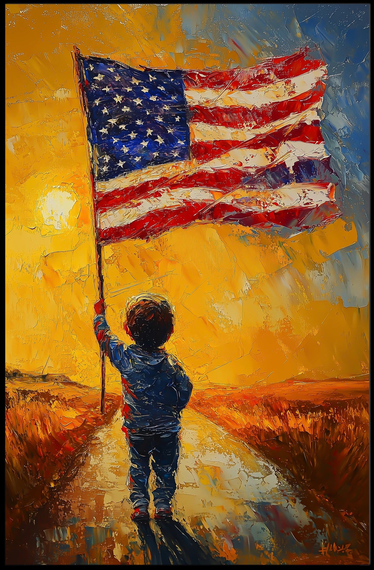 child holding a large American flag Poster