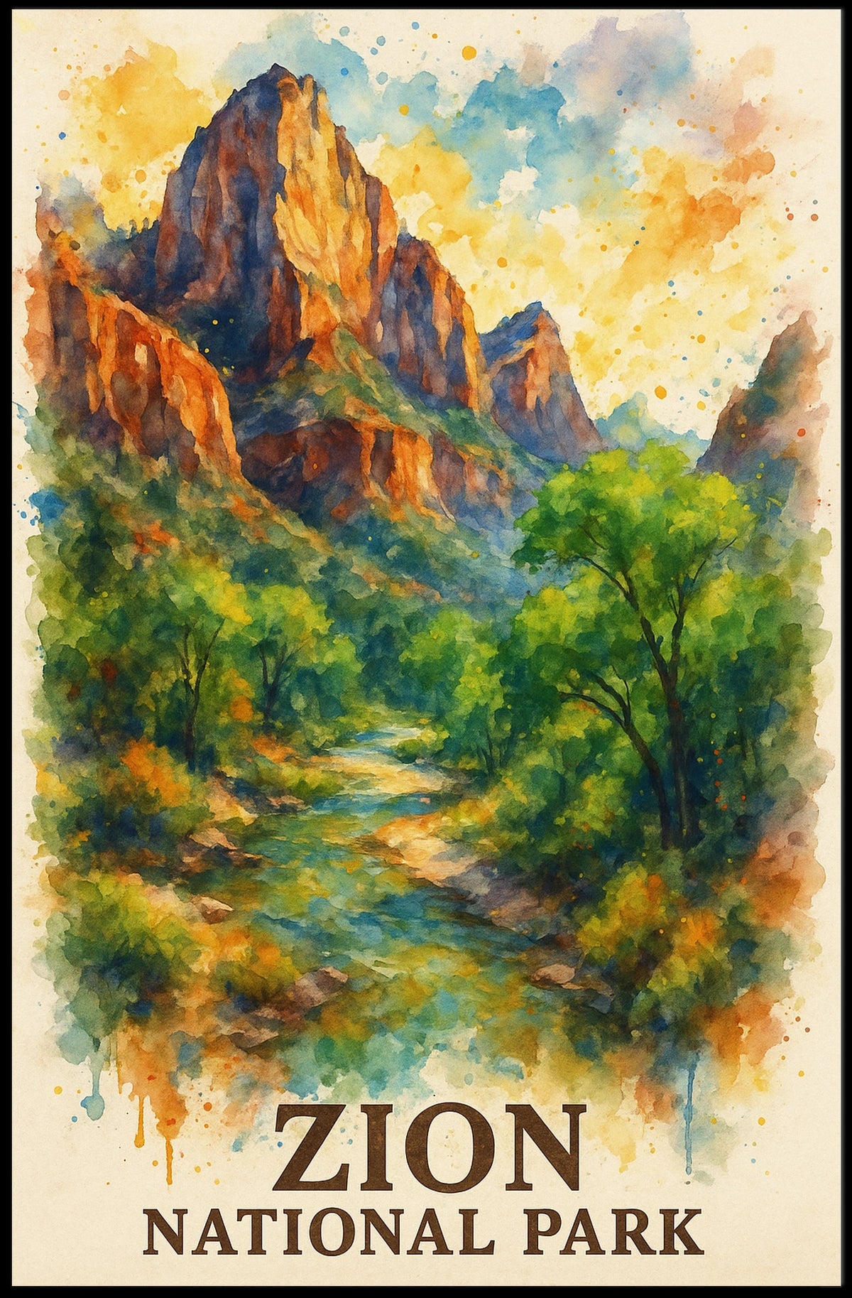 Zion National Park Watercolor Landscape Art Poster