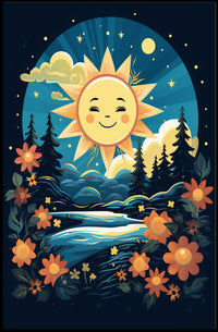 Radiant Dawn Impressionism Digital Painting Morning Light Silhouetted Trees Flowers Starry Sky Joyful Poster