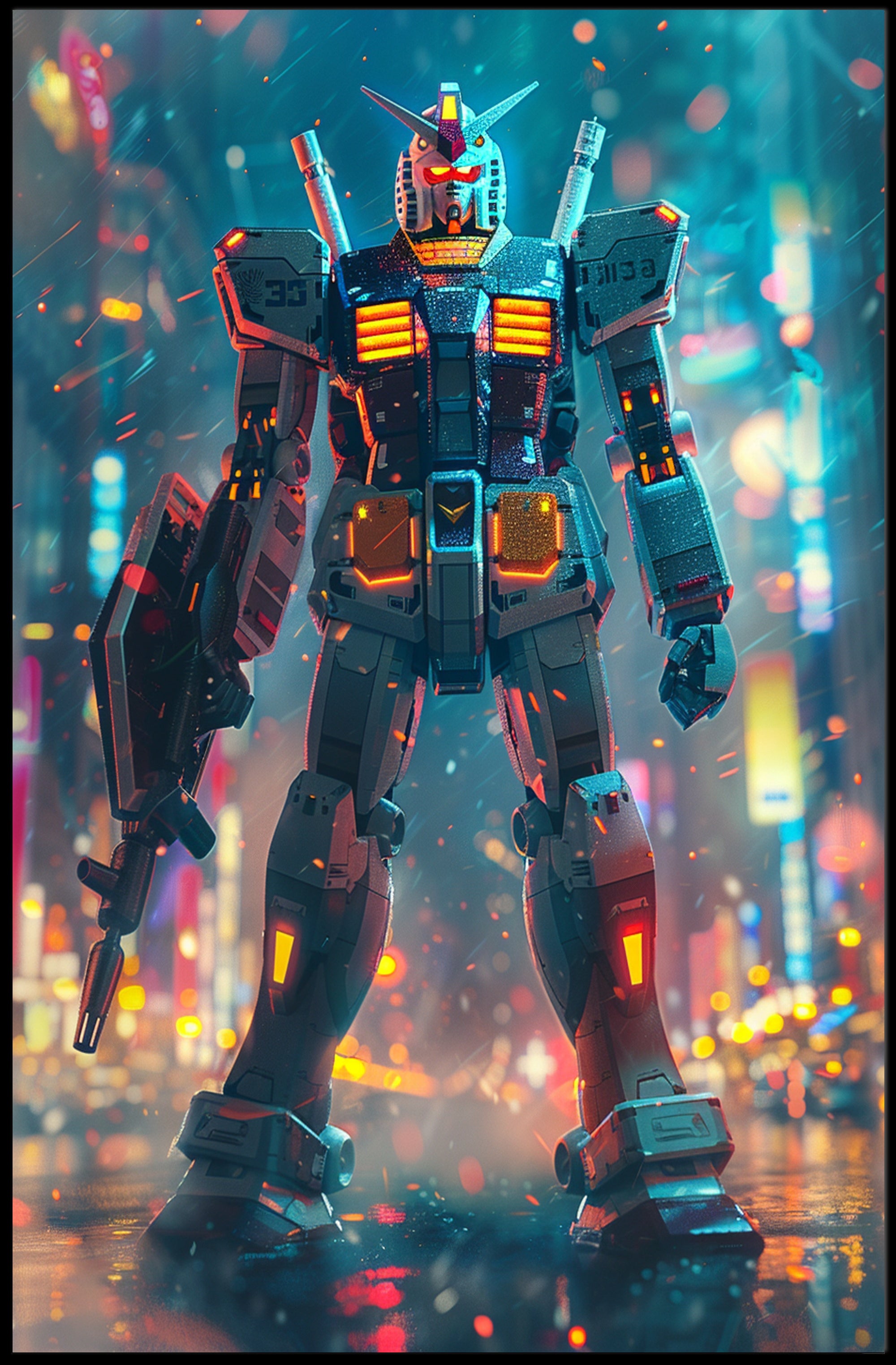 Neon Mecha Warrior Art Print Poster For Home Decor PosterGoat