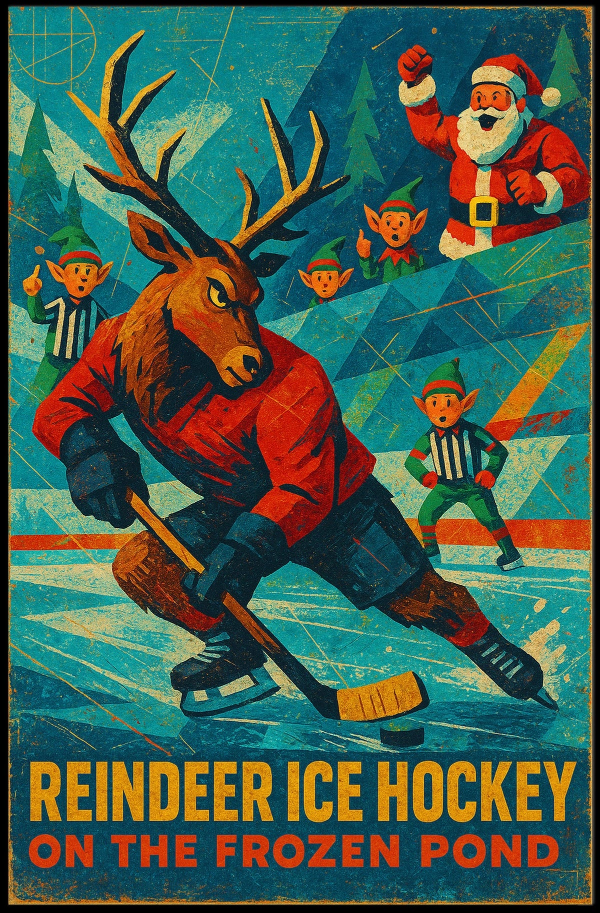 Reindeer Ice Hockey Holiday Fun Sports Poster