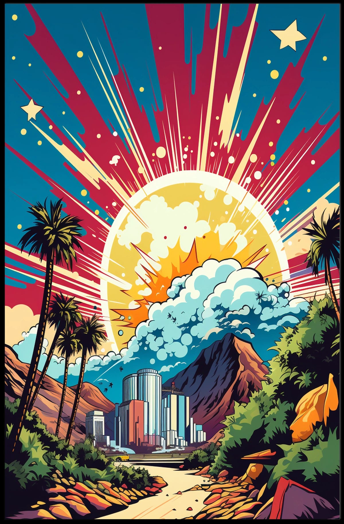 Urban Oasis: Retro-Futuristic Cityscape Artistic Poster