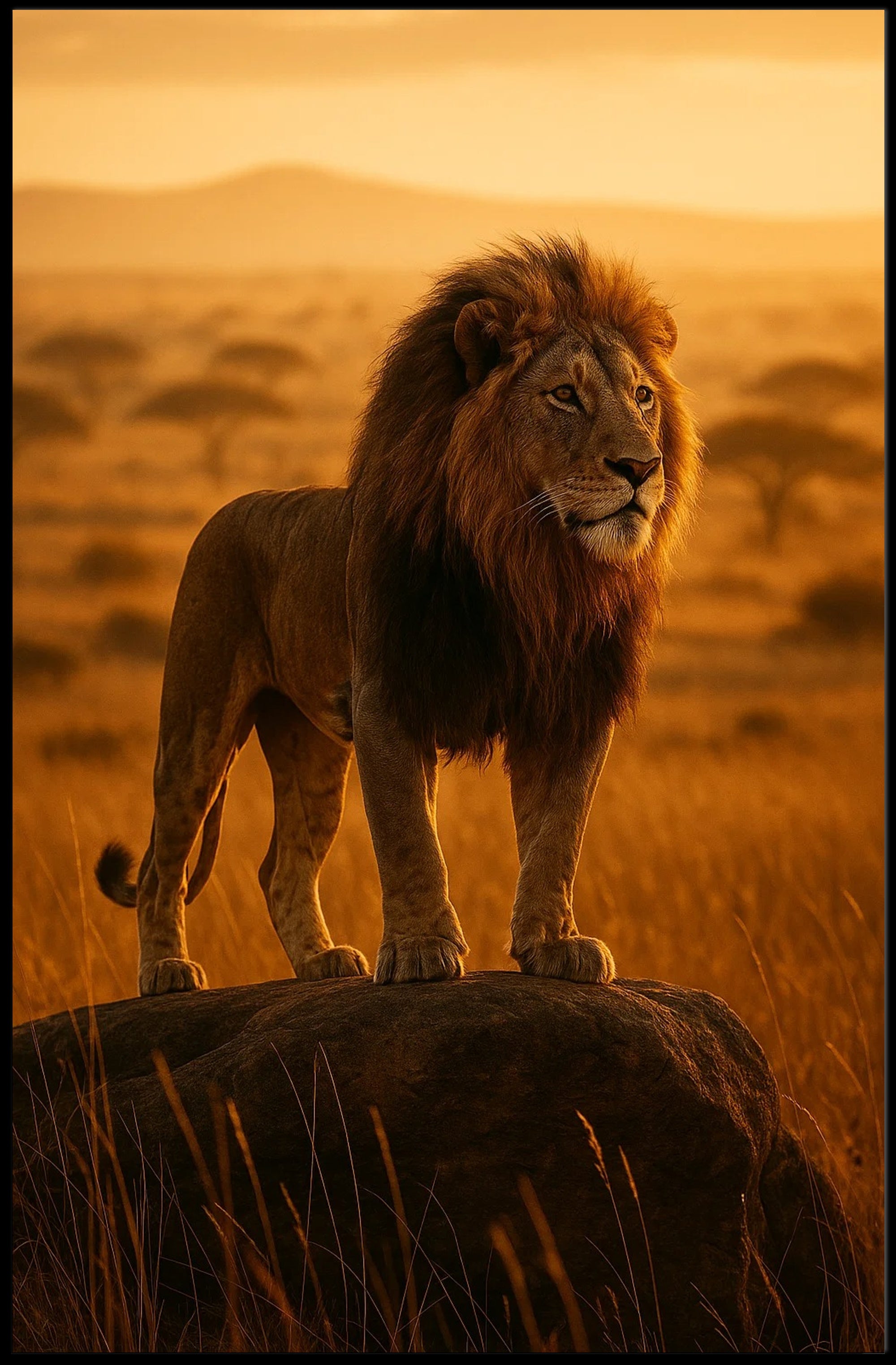 Majestic Lion in Golden Savannah Animal Poster