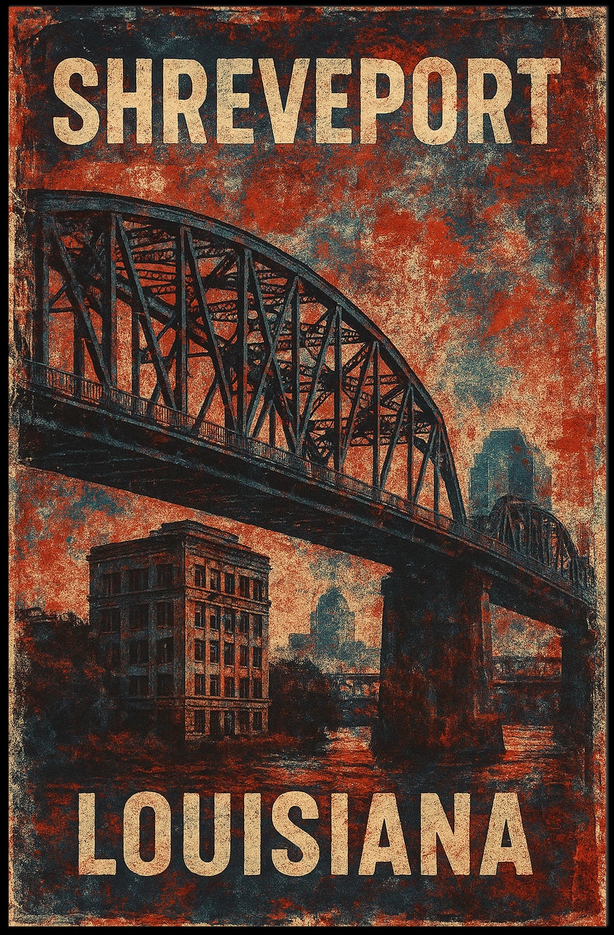Shreveport Bridge Vintage Cityscape Nostalgic Poster