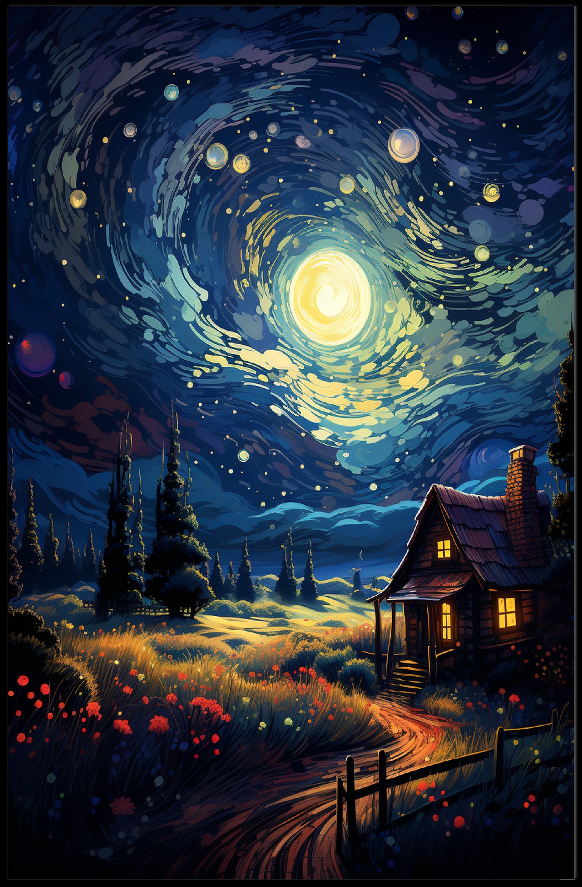 Starry Night Cottage Poster