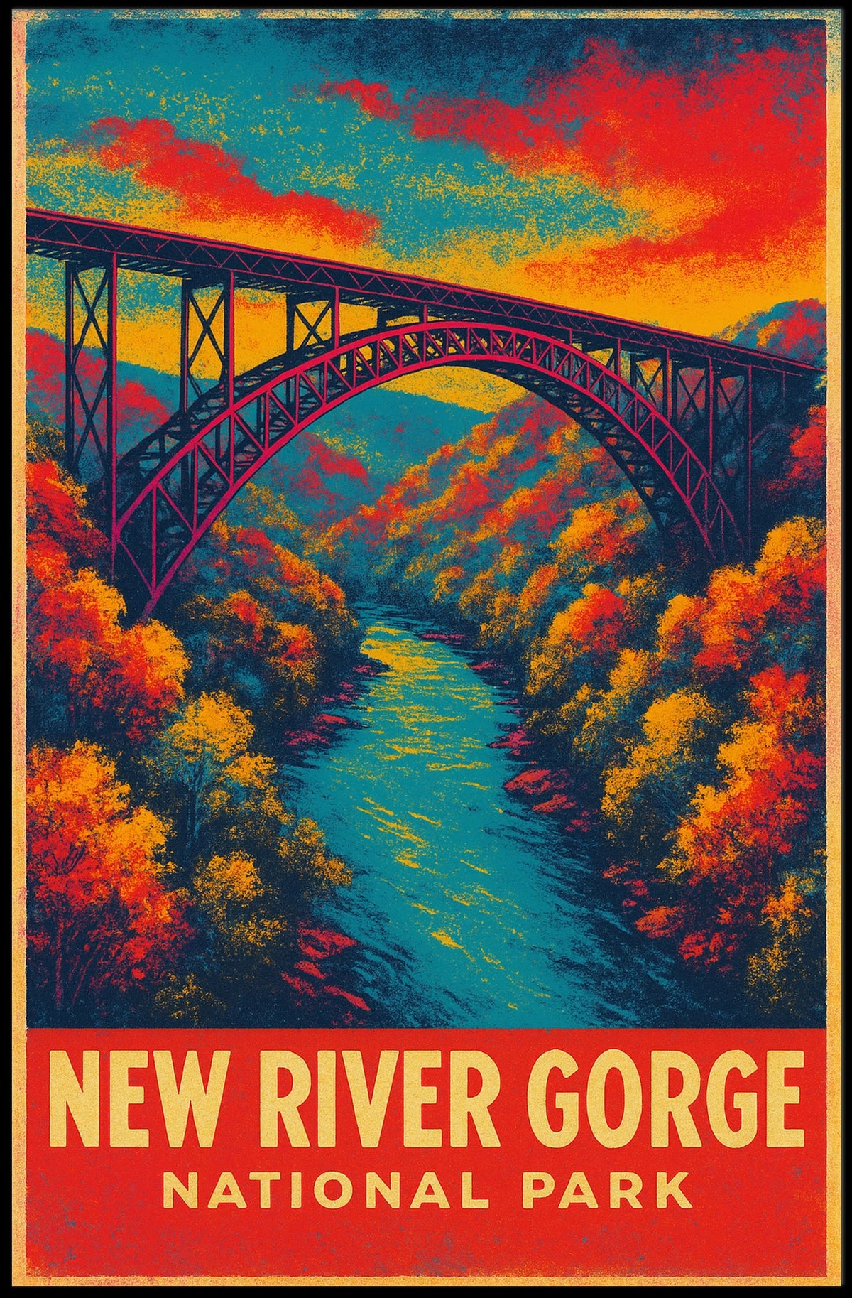 New River Gorge Autumn Vintage Travel Retro 80s Poster