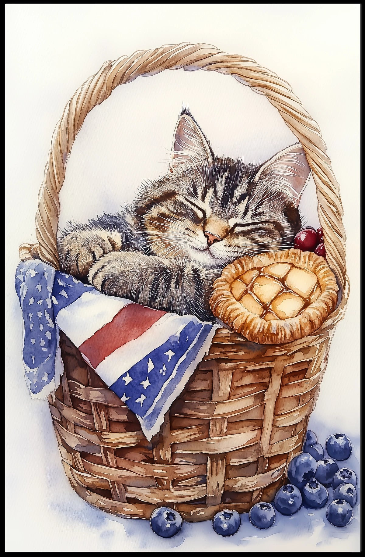 Adorable Fluffy Tabby Cat Sleeping In Basket Poster