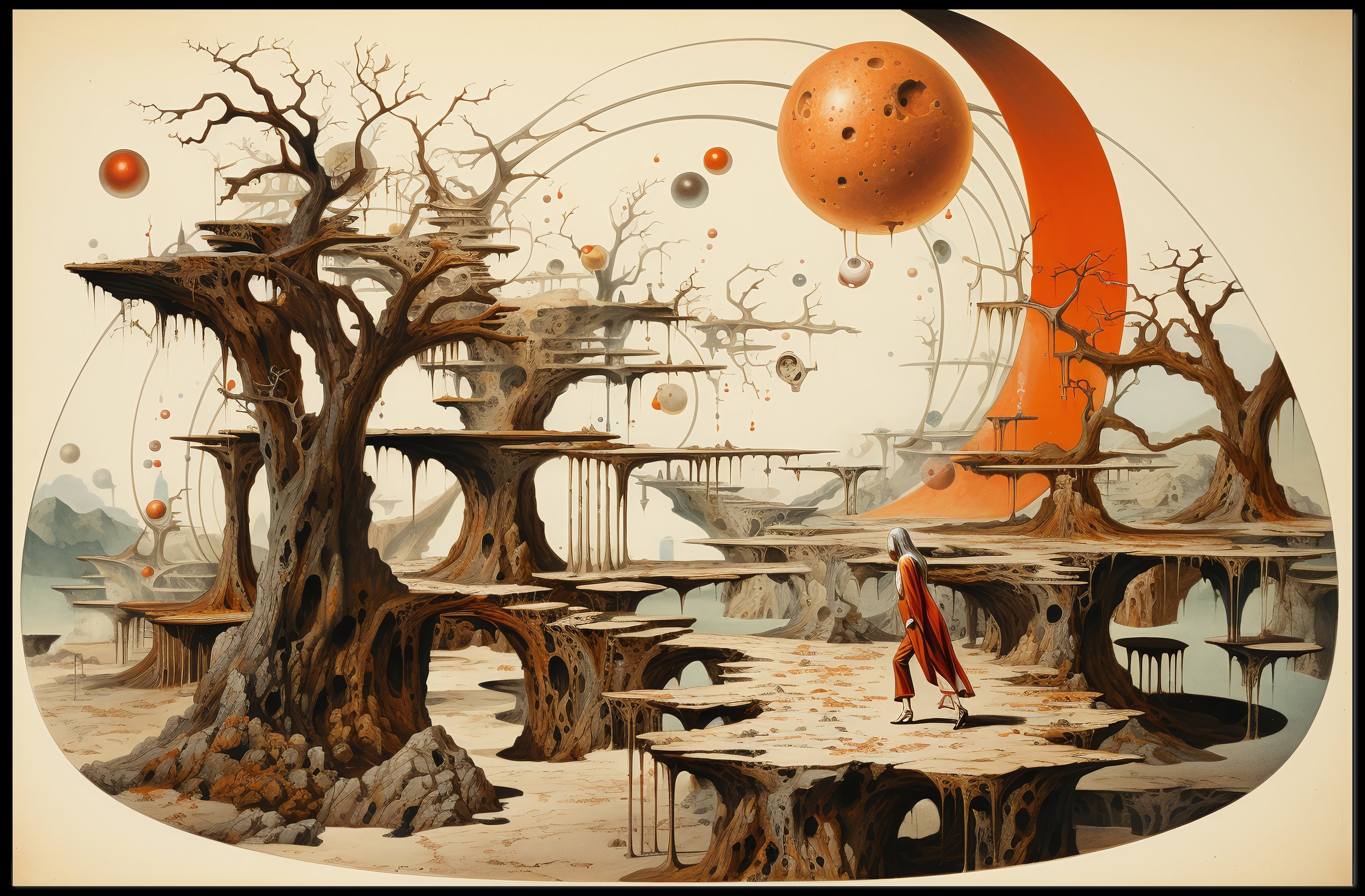 Mystical Exploration in Surreal Extraterrestrial Landscape Fantasy Poster