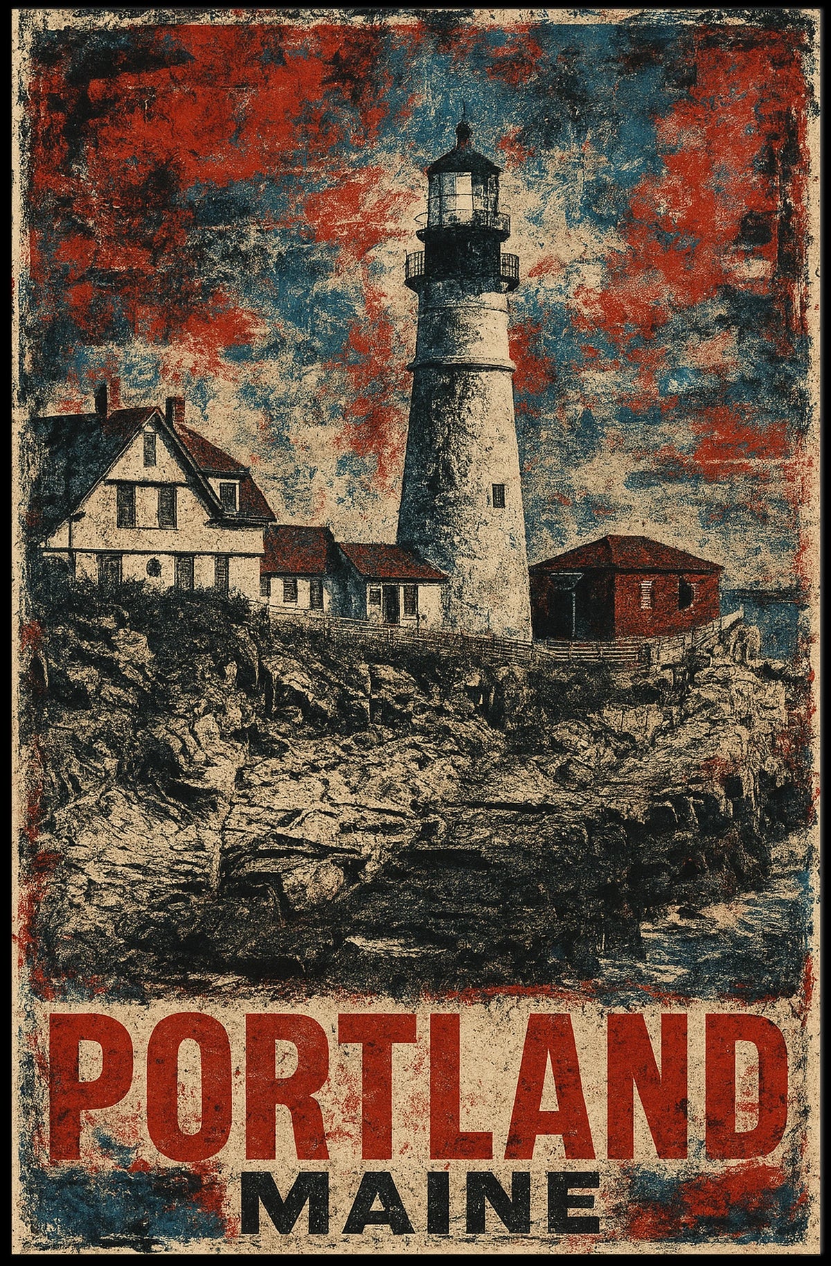 Timeless Portland Maine Lighthouse Coastal Vintage Travel Lithograph Scenic Collectors Nautical Architecture Poster