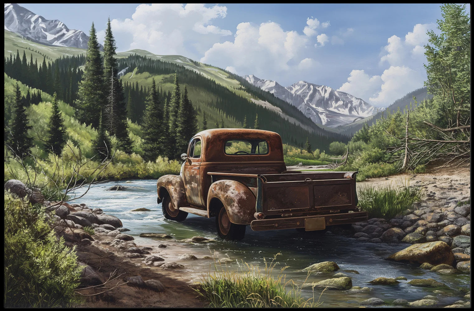 Vintage Truck in Serene Mountain Landscape Poster