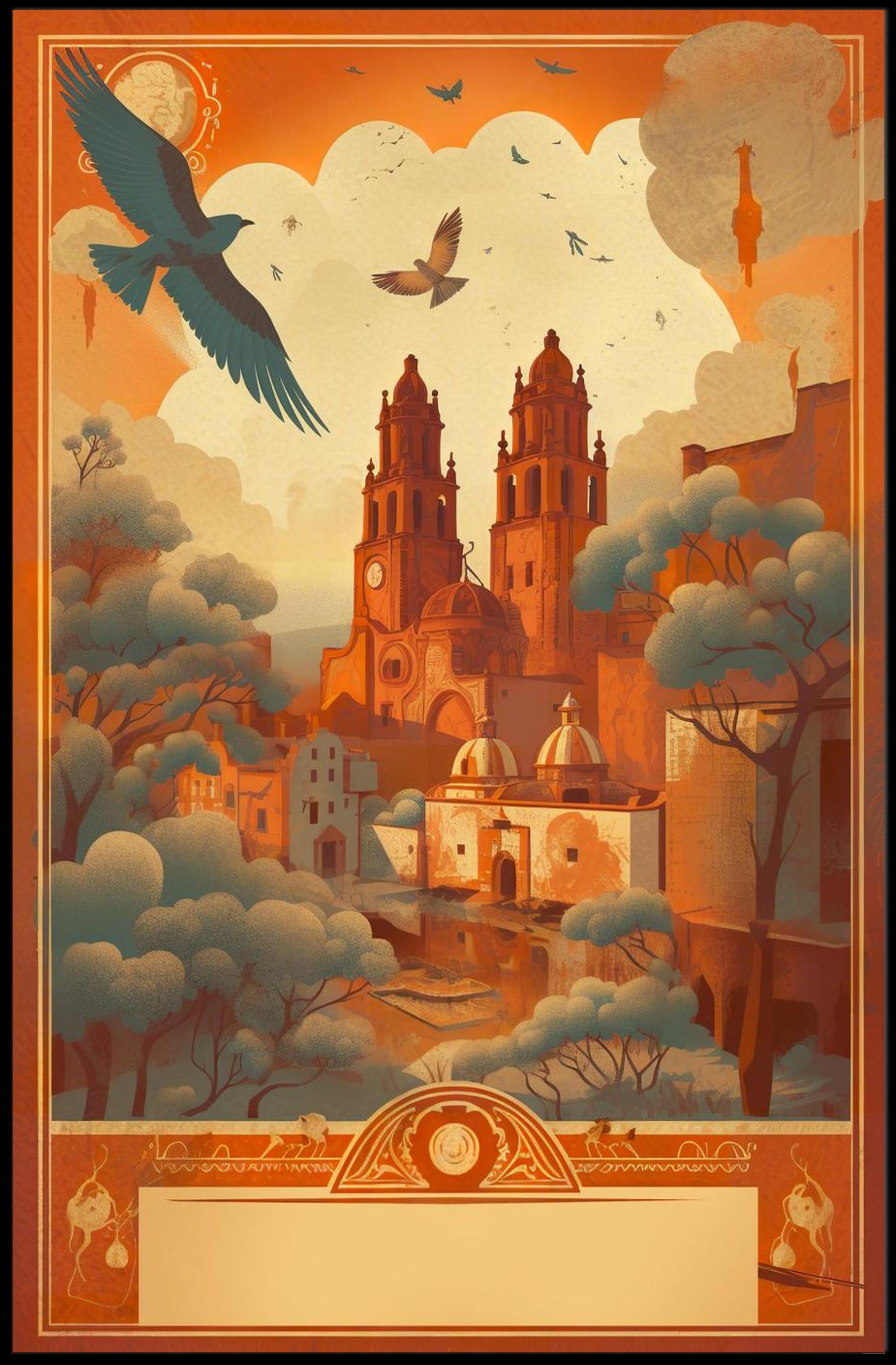 Dreamy Cityscape with Birds Poster